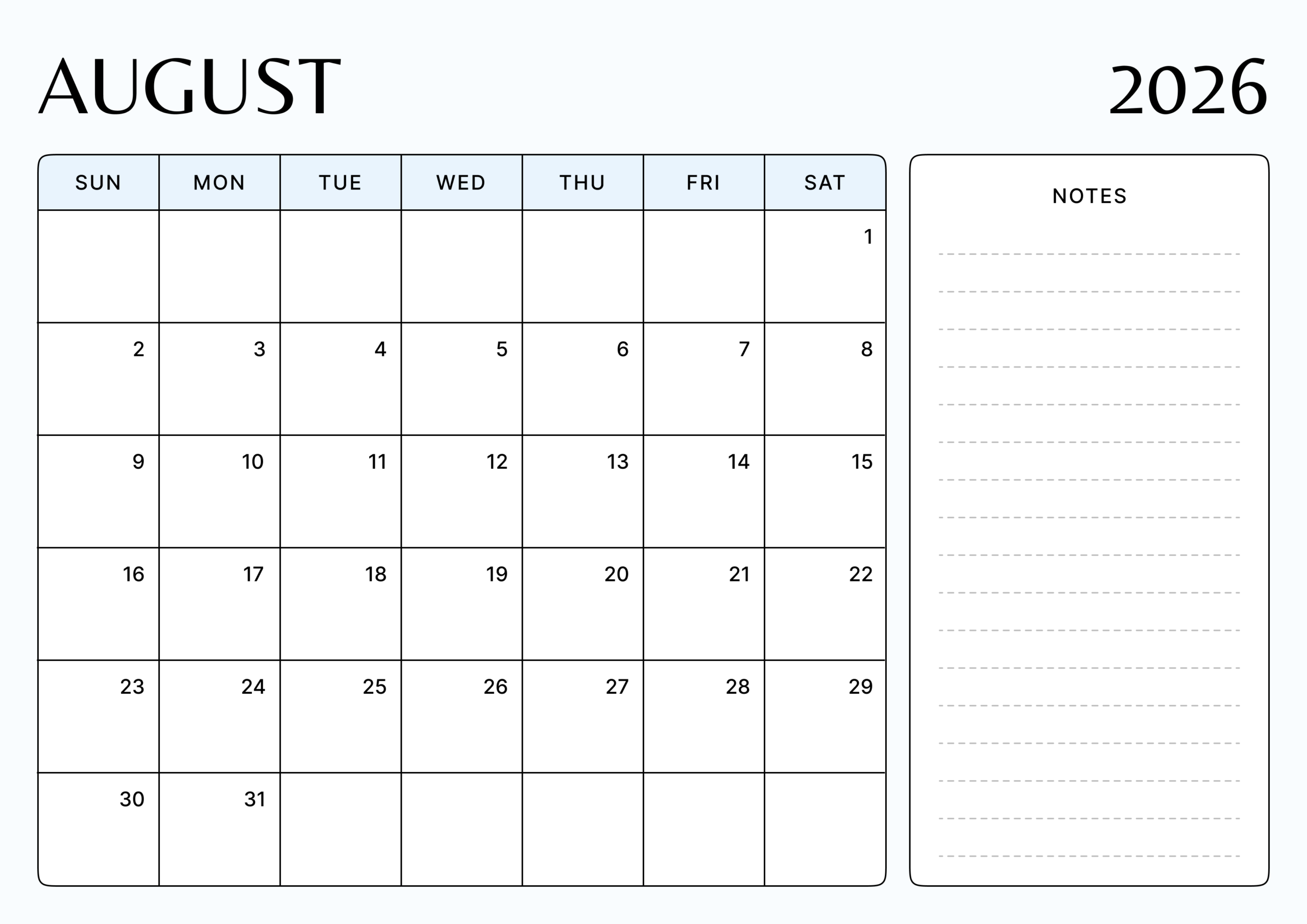 Clean Minimalist Design August 2026 Calendar Landscape