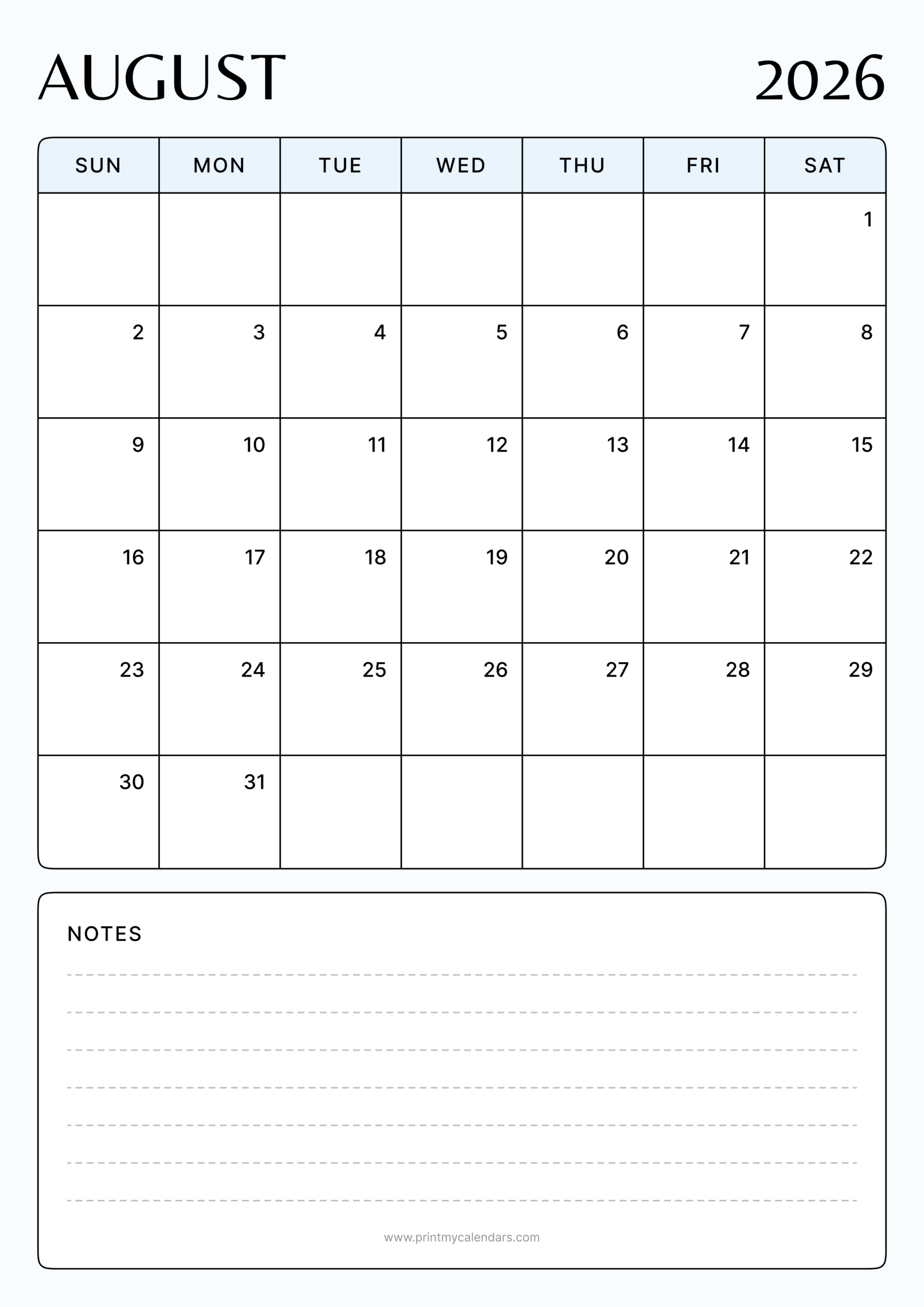 Printable Clean Minimalist Design August 2026 Calendar Portrait