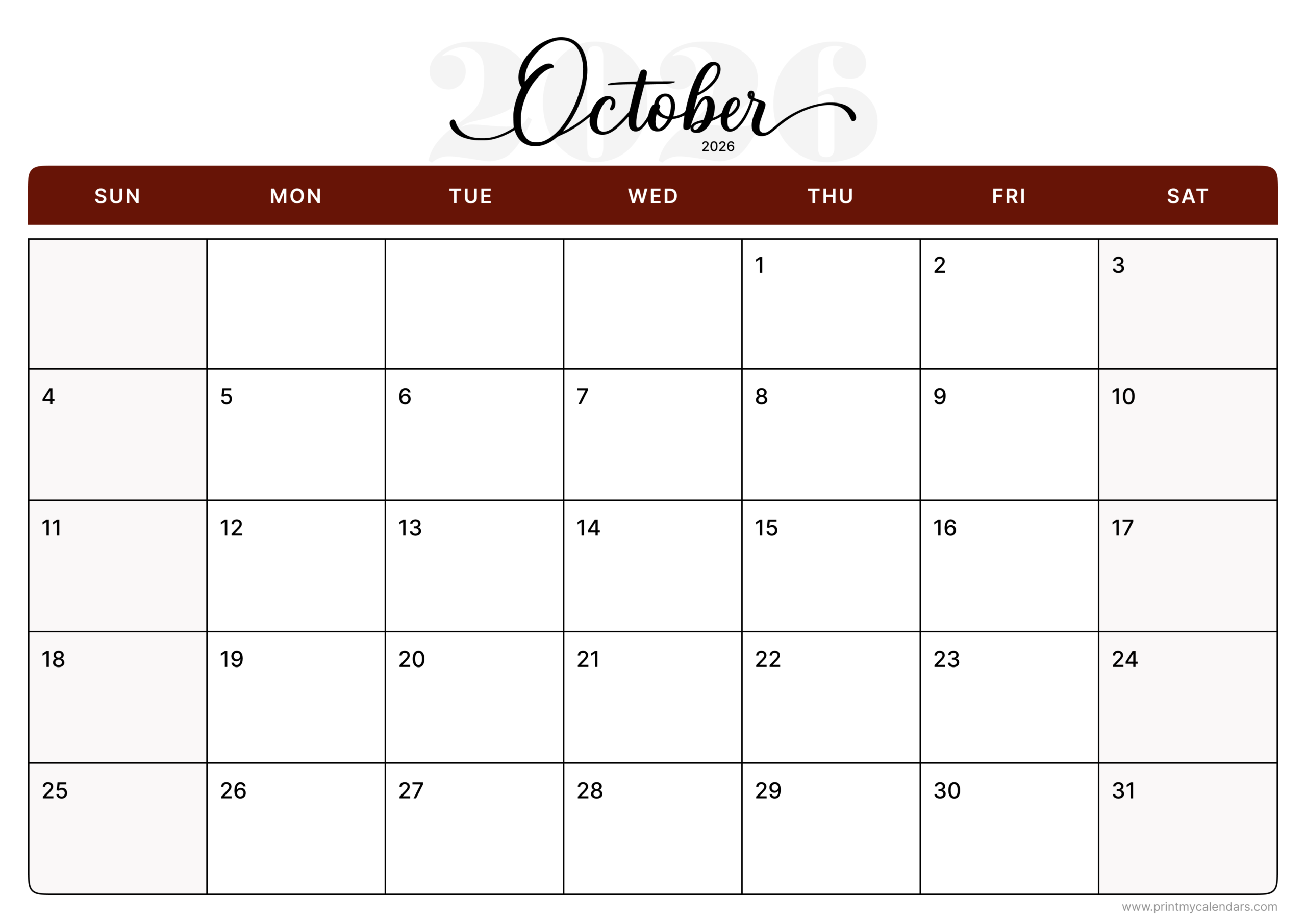 Printable Clean Minimalist Design August 2026 Landscape - A4
