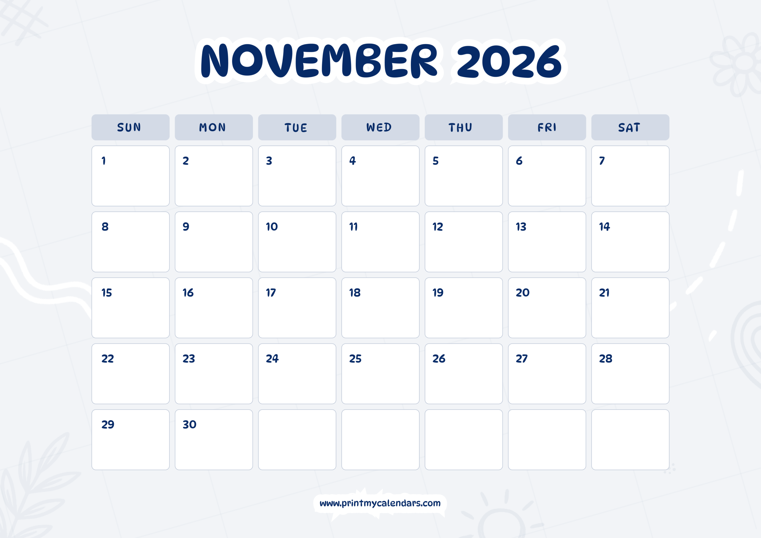 Printable Clean Minimalist Design November 2026 Landscape - A4