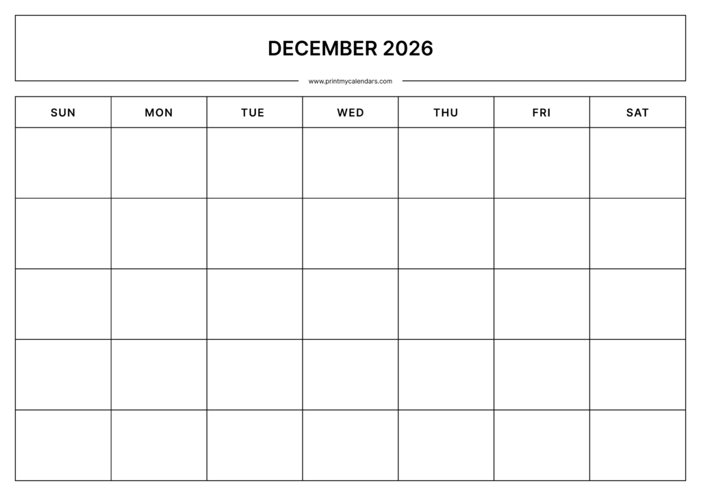 Printable December Blank Calendar 2026 Landscape
