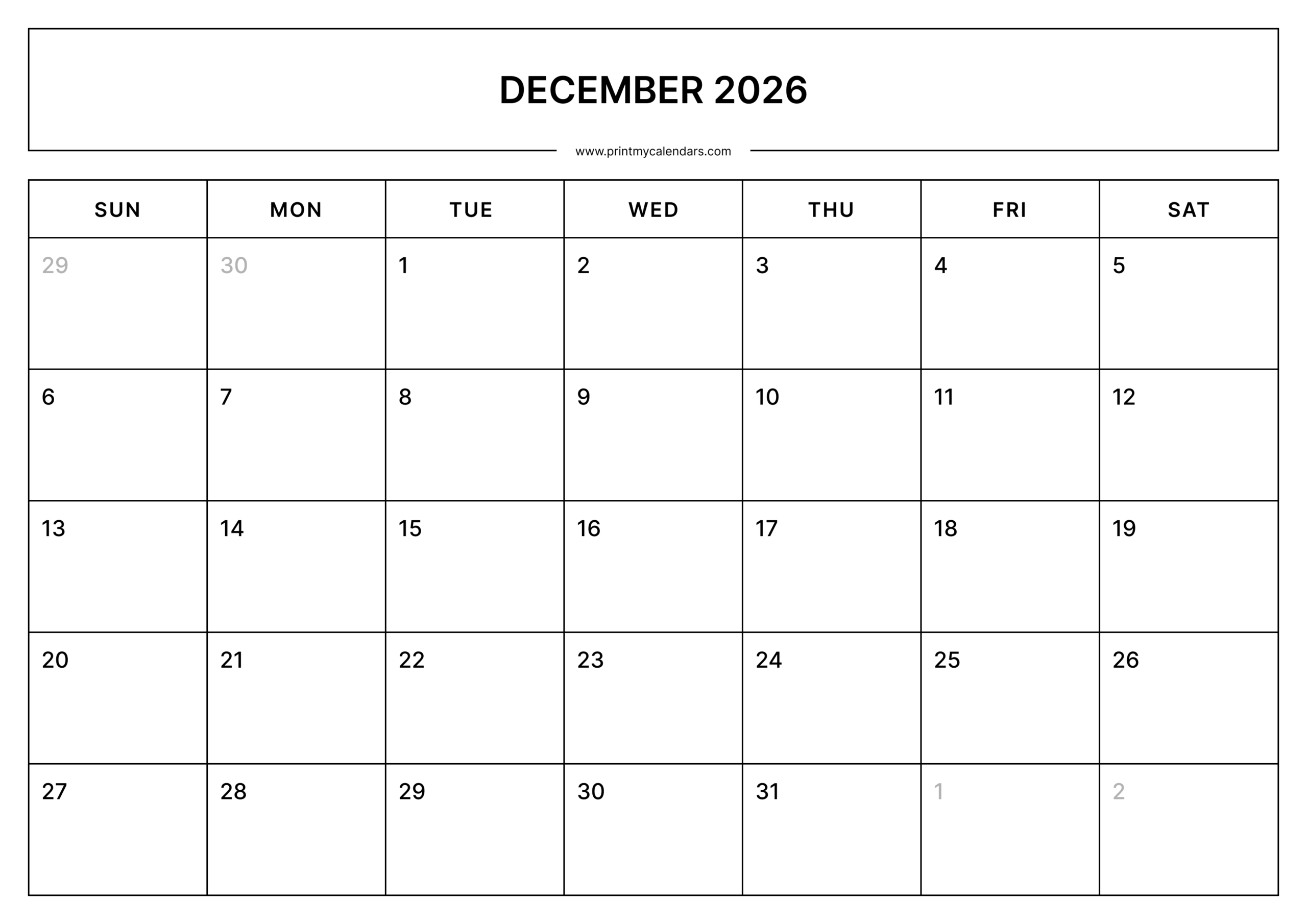 Printable December Calendar 2026 Landscape