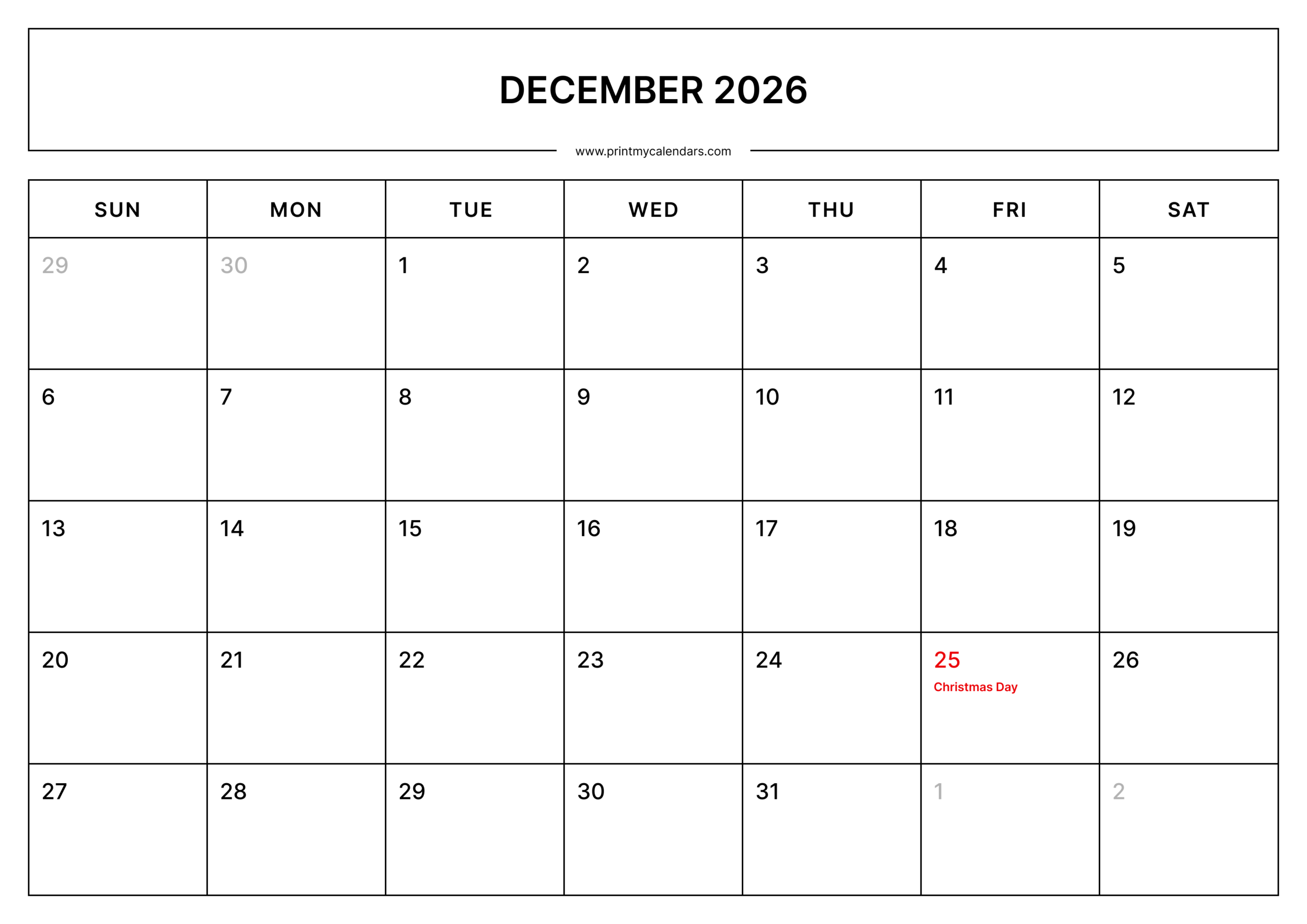 Printable December Calendar 2026 With Us Holidays Landscape