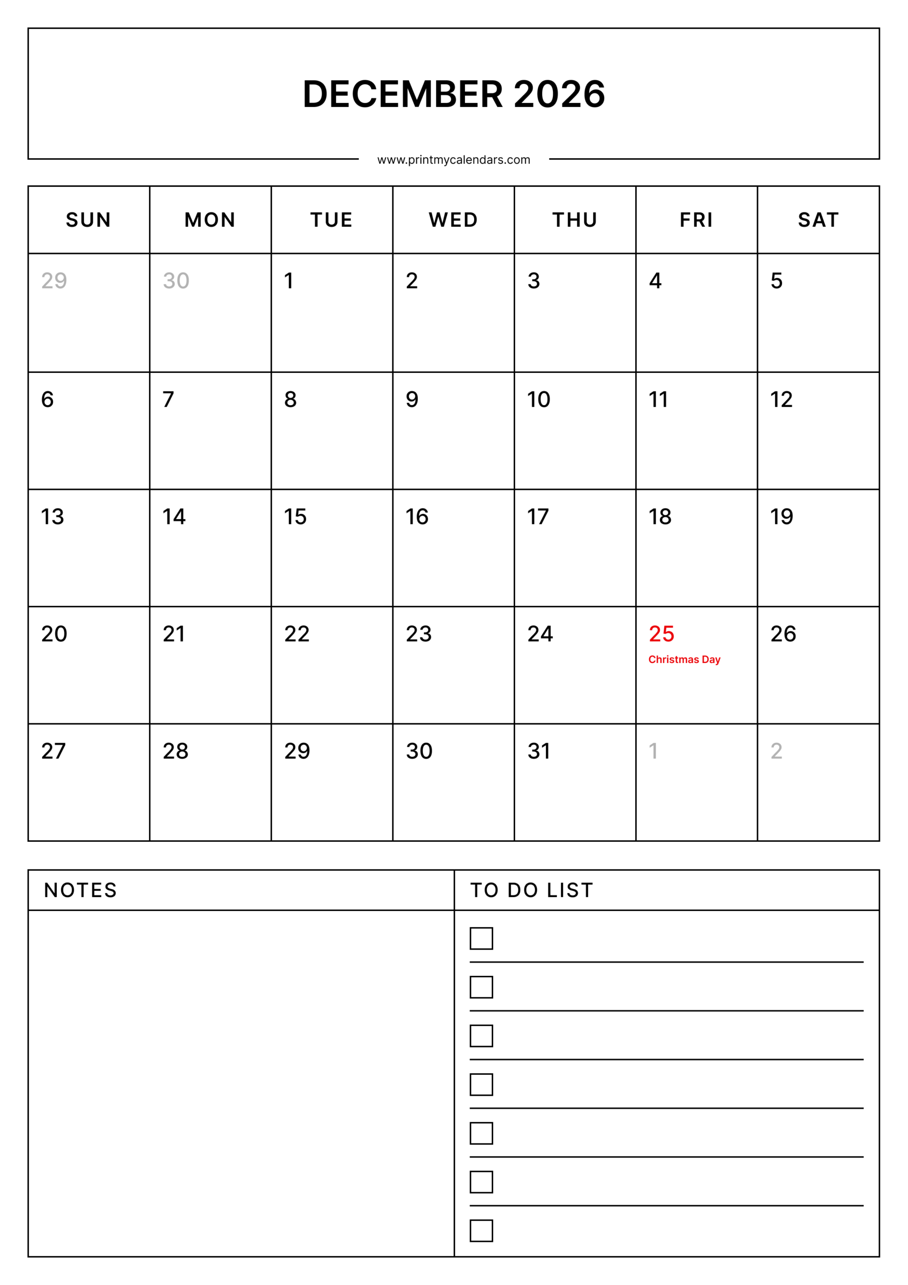 Printable December Calendar 2026 With Us Holidays Portrait - A4