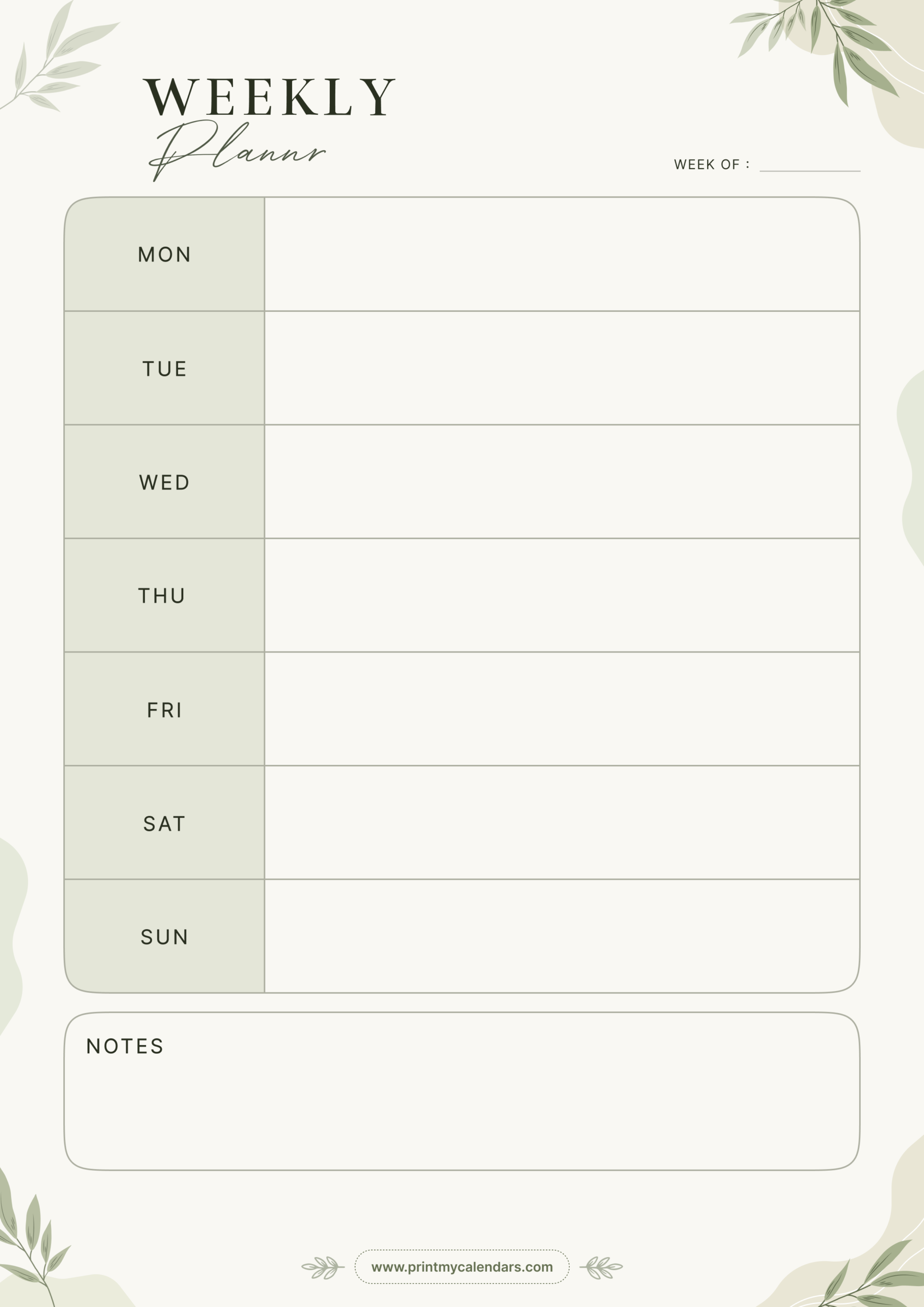 Printable Fresh Foliage Column Weekly Schedule Template