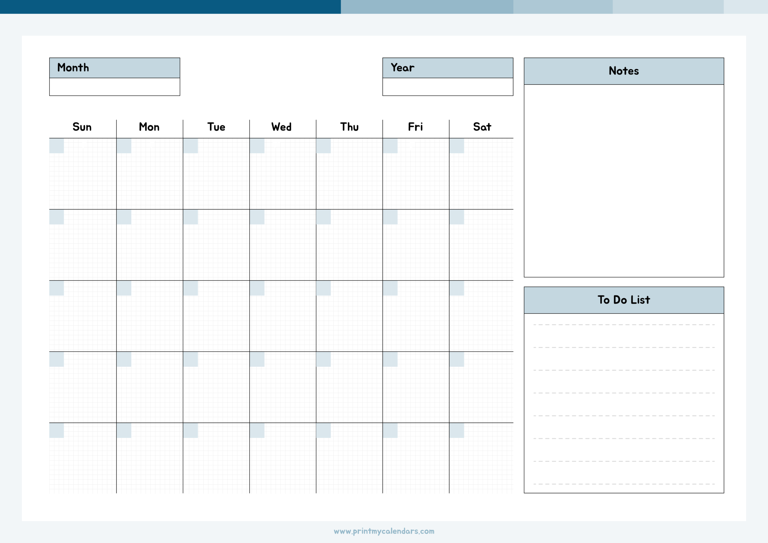 Printable Light Blue Organizer Blank Calendar 2026 Landscape – A4