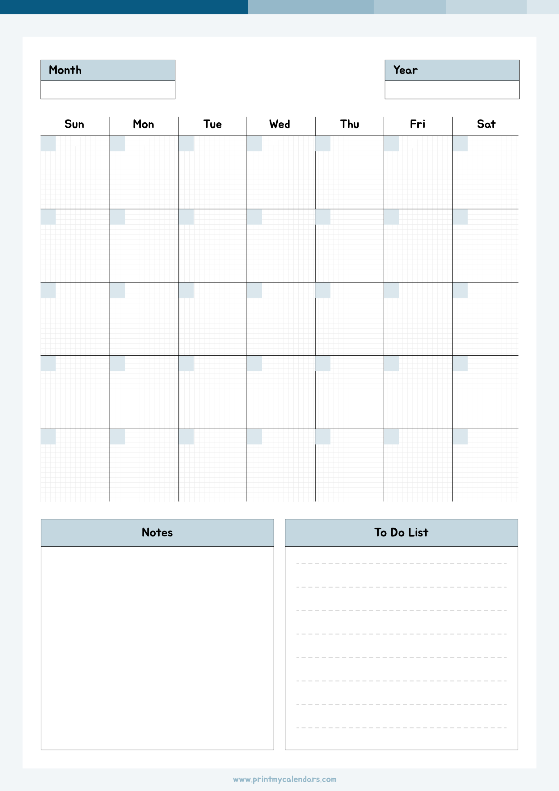 Printable Light Blue Organizer Blank Calendar 2026 Portrait – A4
