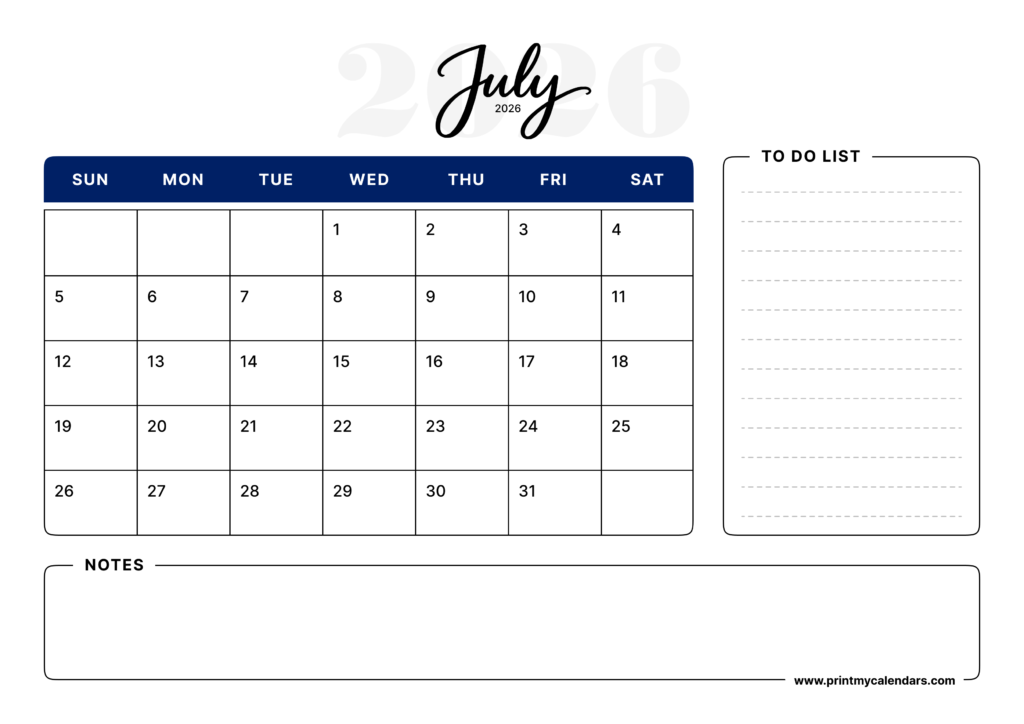 Printable Navy Organizer July Calendar 2026 Landscape