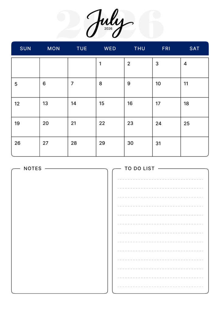 Printable Navy Organizer July Calendar 2026 Portrait 
