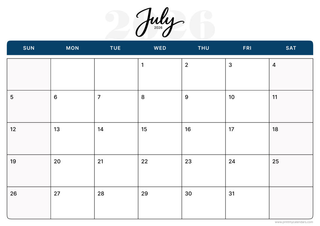 Printable Navy Script July Calendar 2026 Landscape – A4
