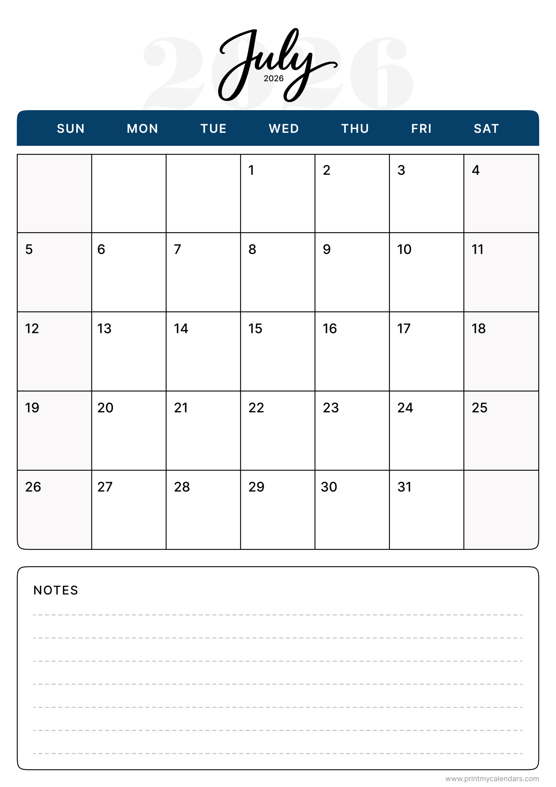  Printable Navy Script July Calendar 2026 Portrait – A4
