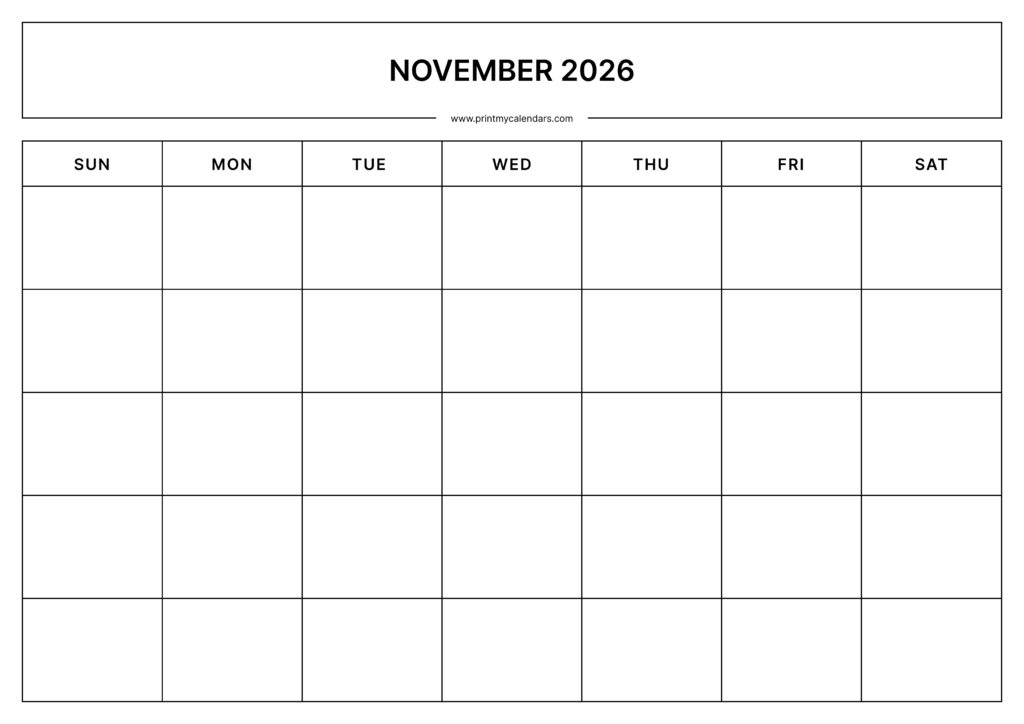 Printable November Blank Calendar 2026 Landscape - A4