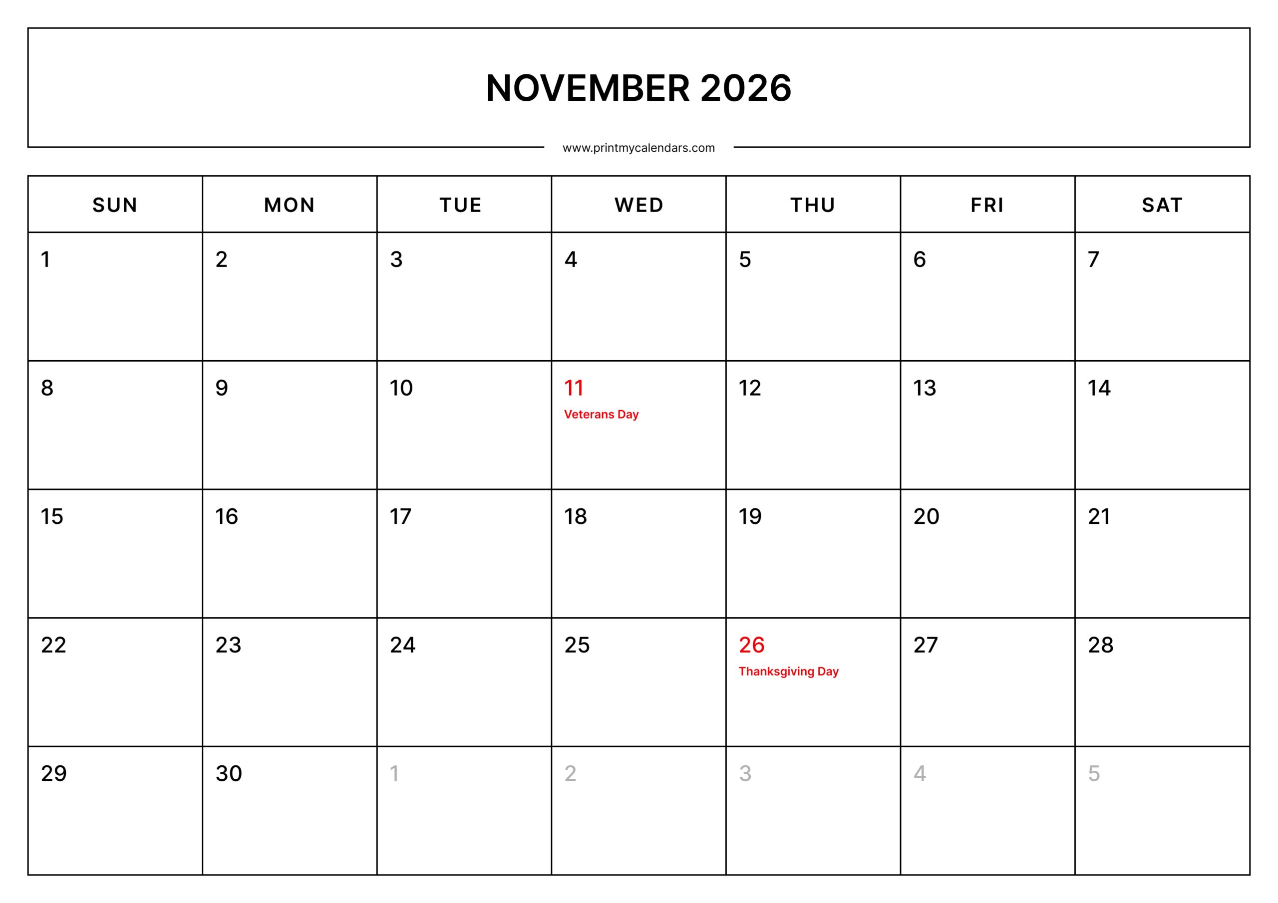 November printable calendar with holidays - Landscape