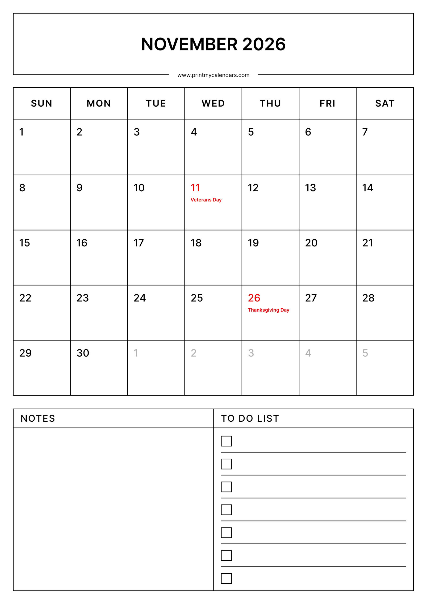 Printable November Calendar 2026 With Us Holidays Portrait - A4