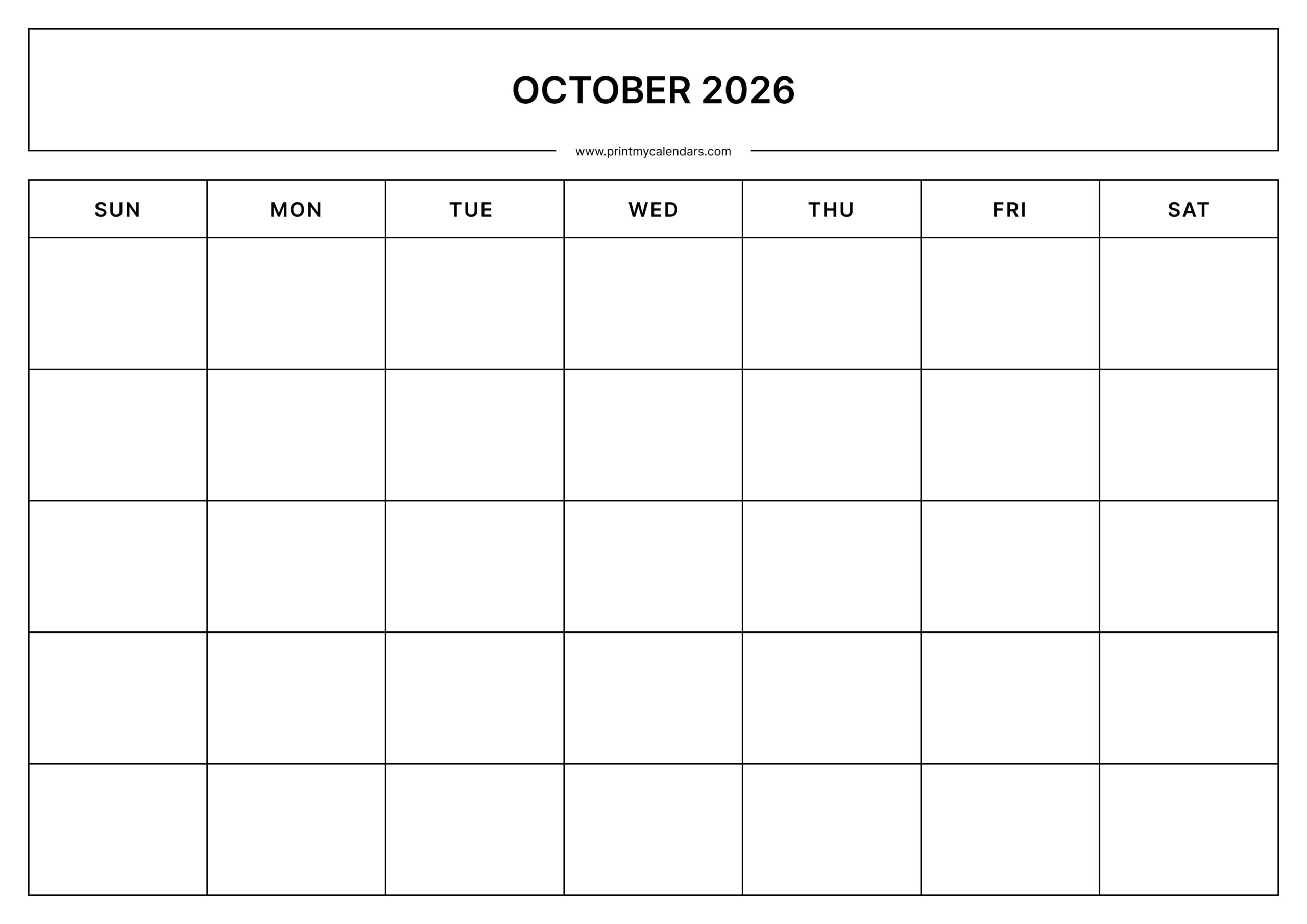 Printable October Blank Calendar 2026 Landscape - A4