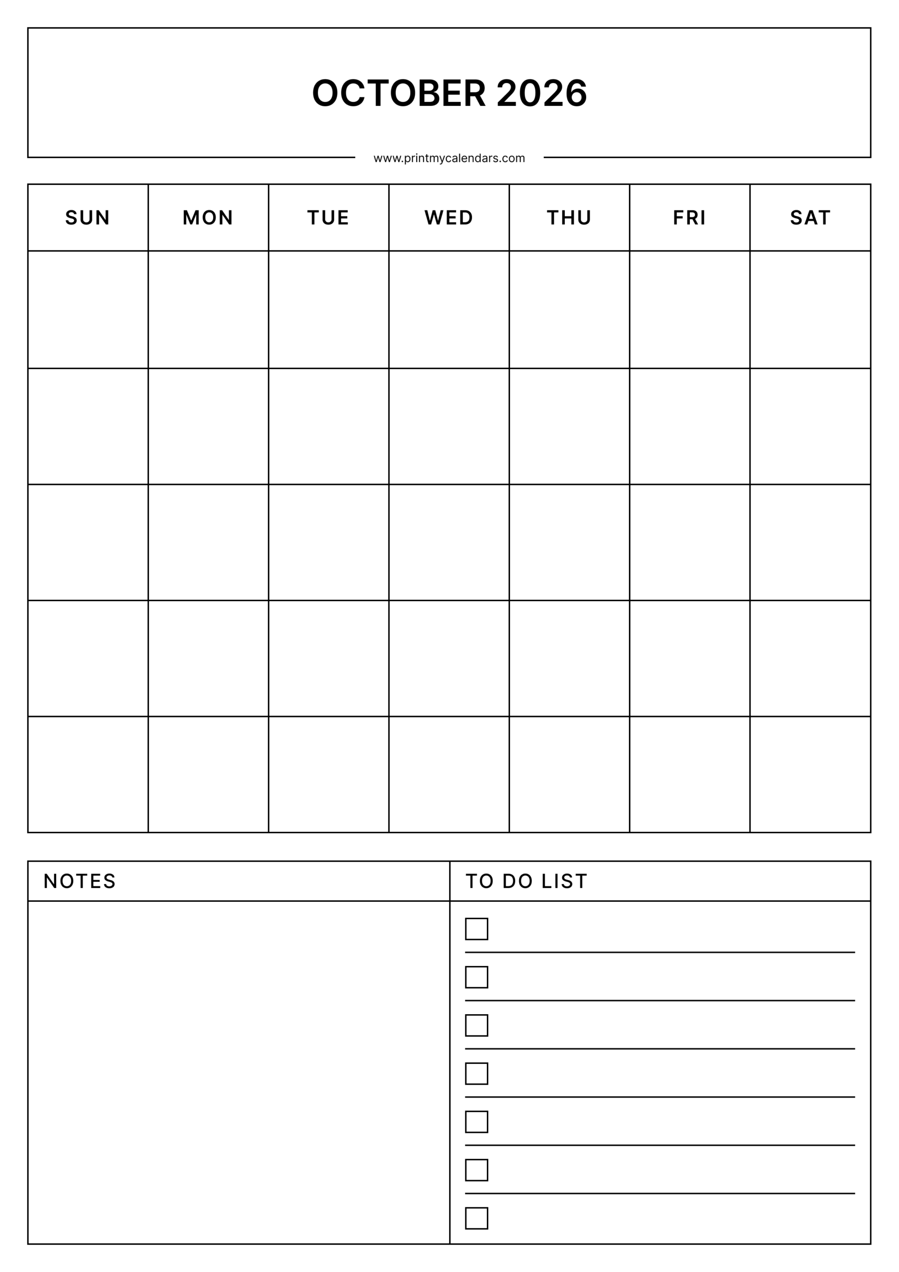 Printable October Blank Calendar 2026 Portrait - A4