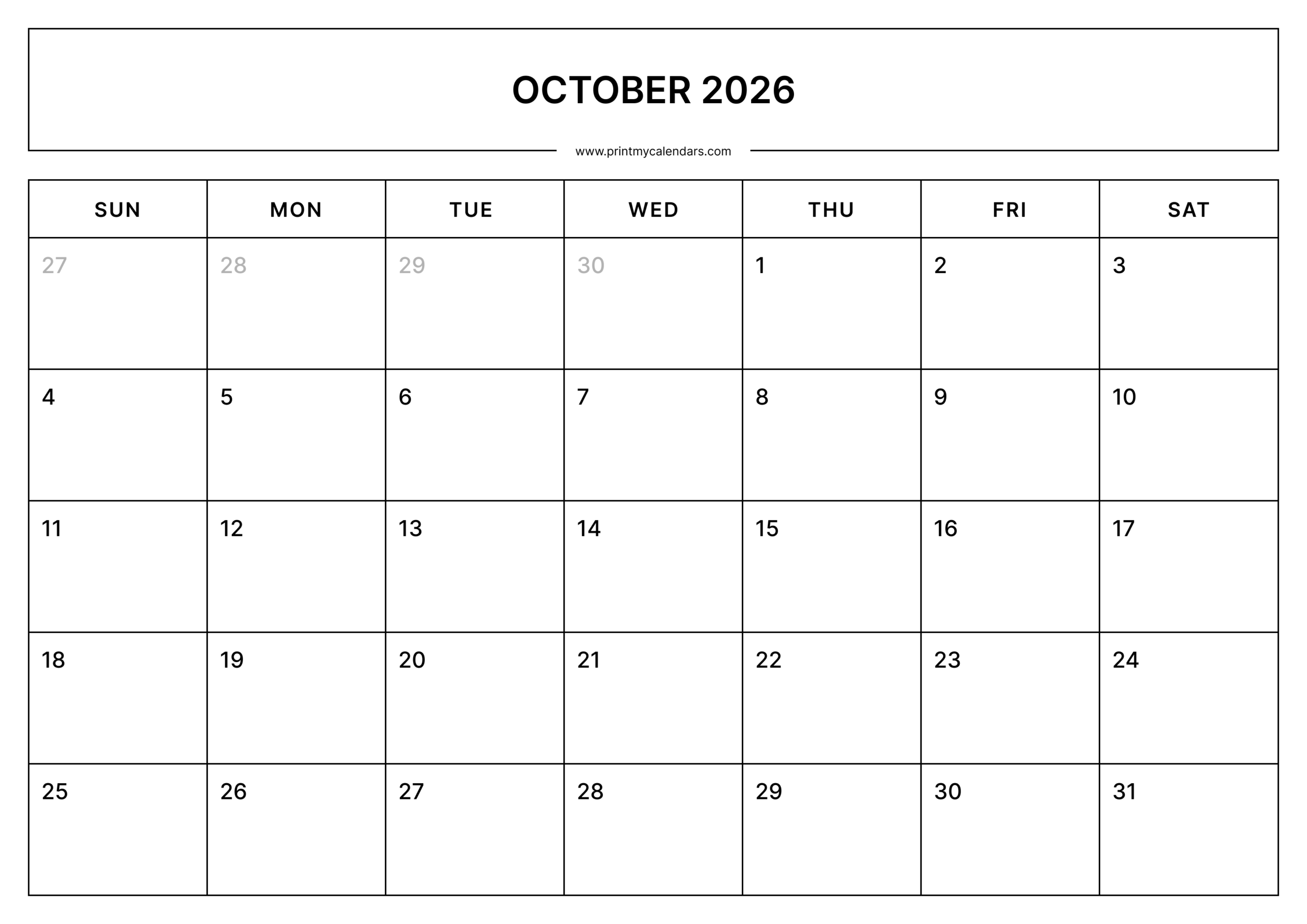 Download Printable October Calendar 2026 Landscape – A4