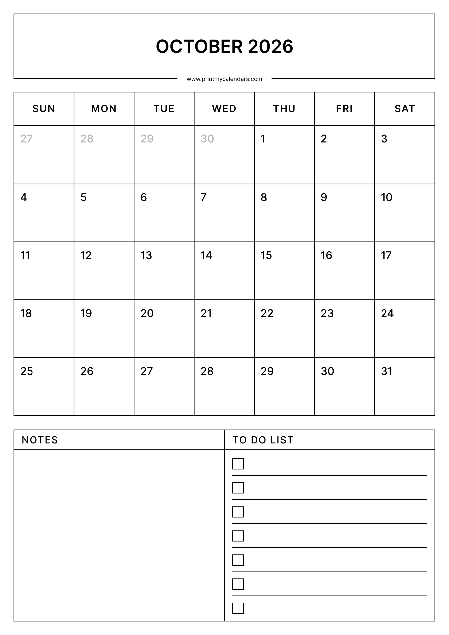 Printable October Calendar 2026 Portrait - A4