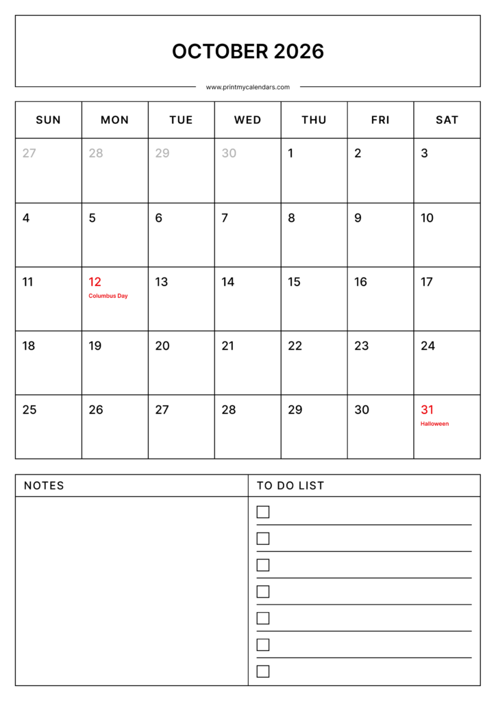 Download Printable October Calendar 2026 With Us Holidays Portrait - A4