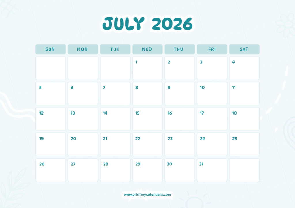 Printable Pastel Blue July Calendar 2026 Landscape