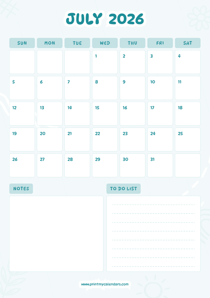 Printable Pastel Blue July Calendar 2026 Portrait