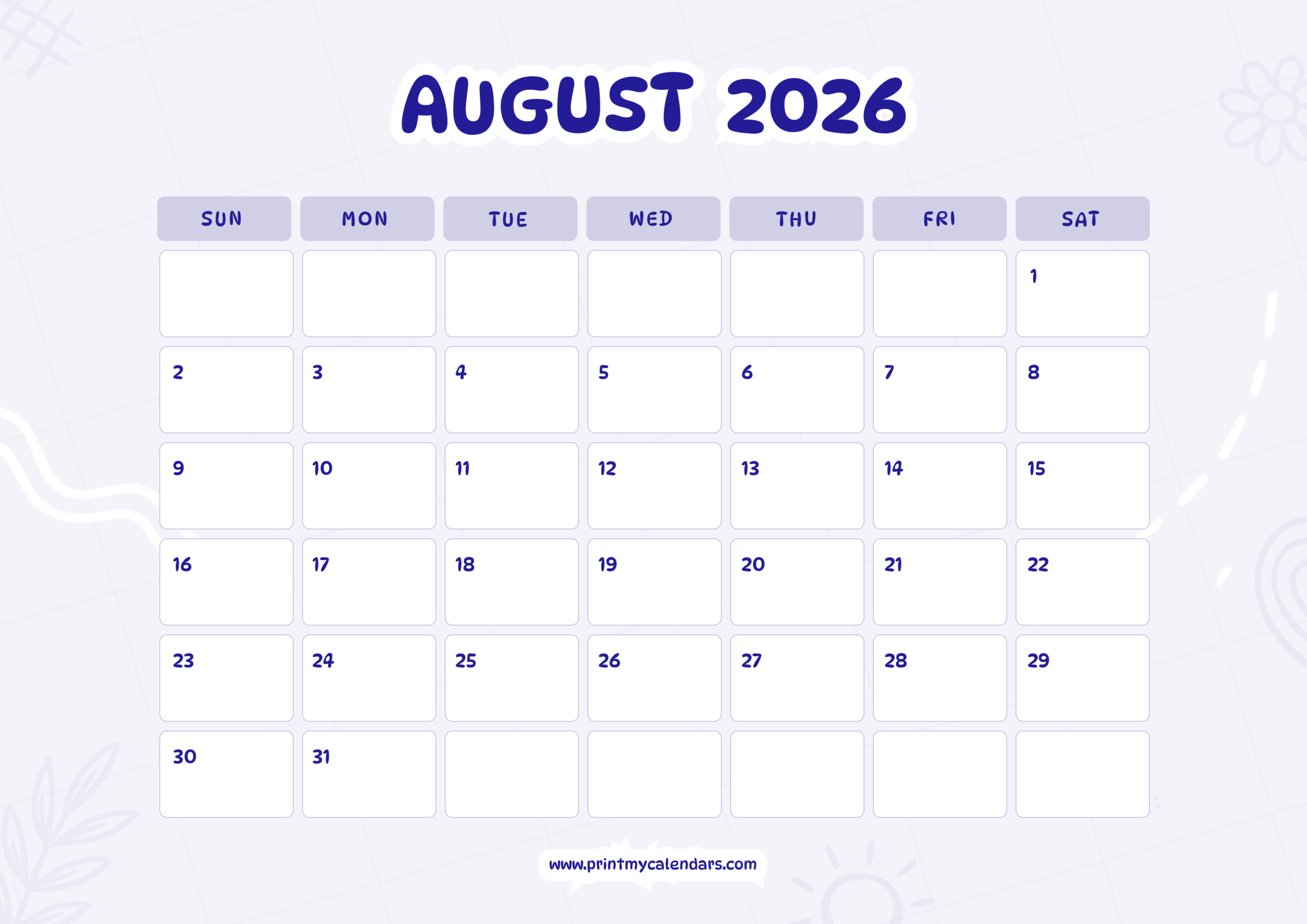Printable Pastel & Playful Design August 2026 Calendar Landscape