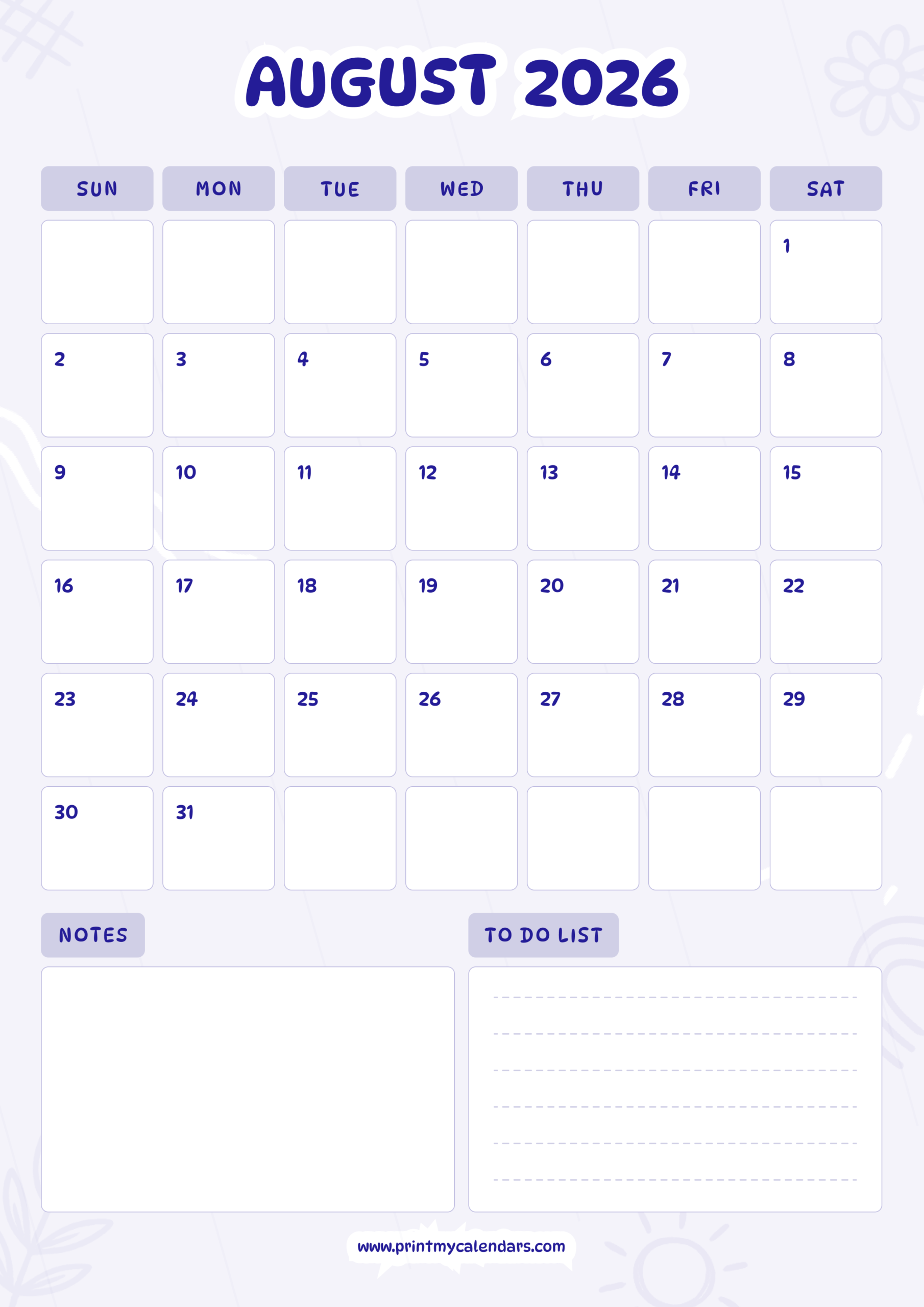 Printable Pastel & Playful Design August 2026 Calendar Portrait