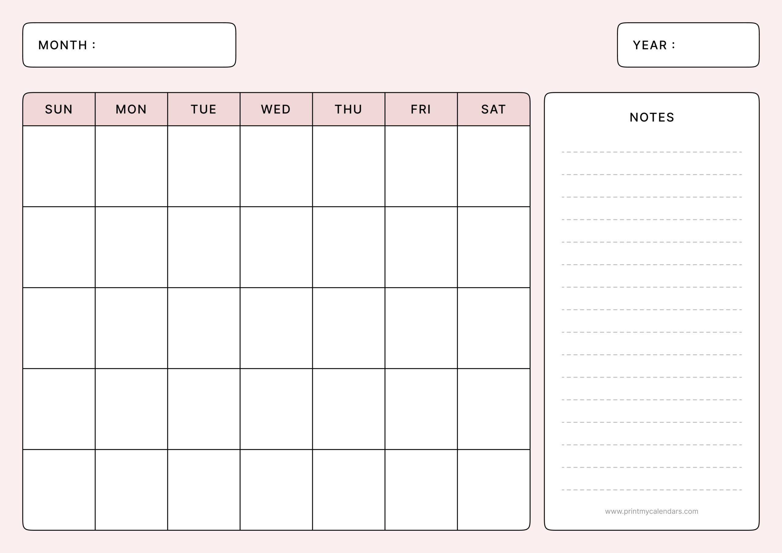 Printable Pink Minimalist Blank Calendar 2026 Landscape – Letter
