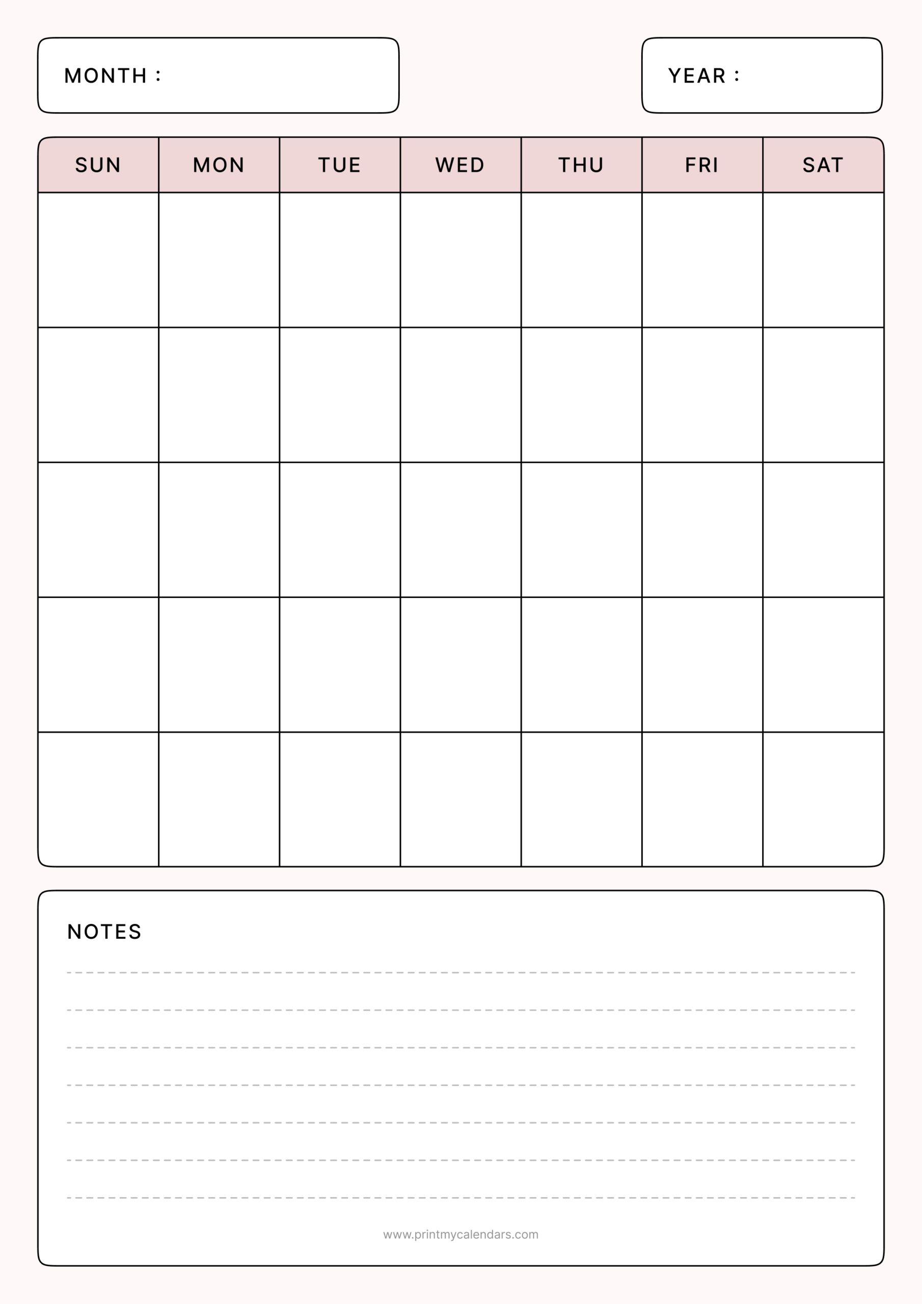 Printable Pink Minimalist Blank Calendar 2026 Portrait – A4