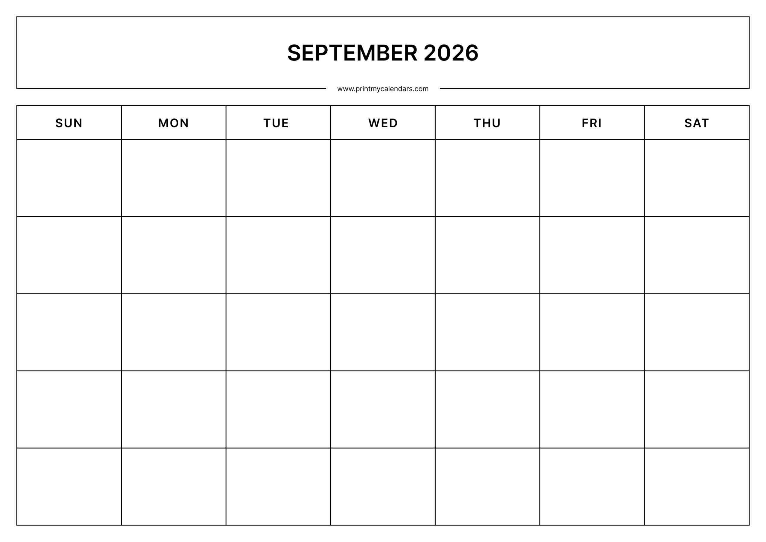 Printable September Blank Calendar 2026 Landscape – A4