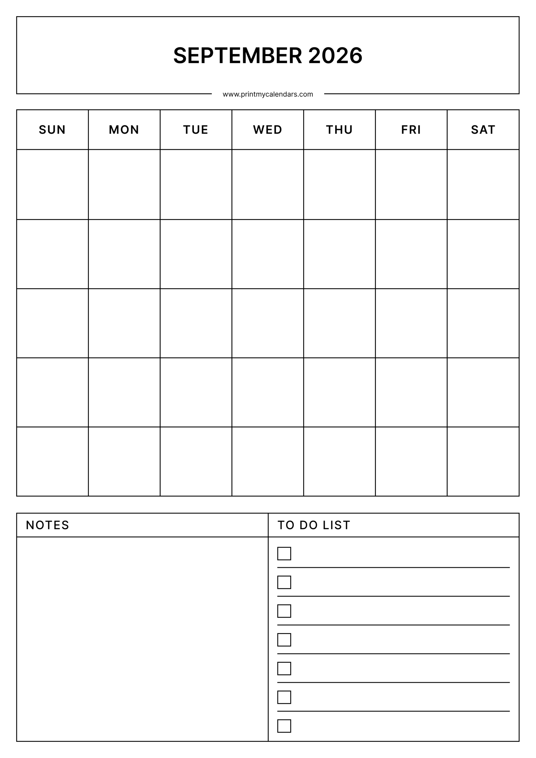Printable September Blank Calendar 2026 Portrait - A4
