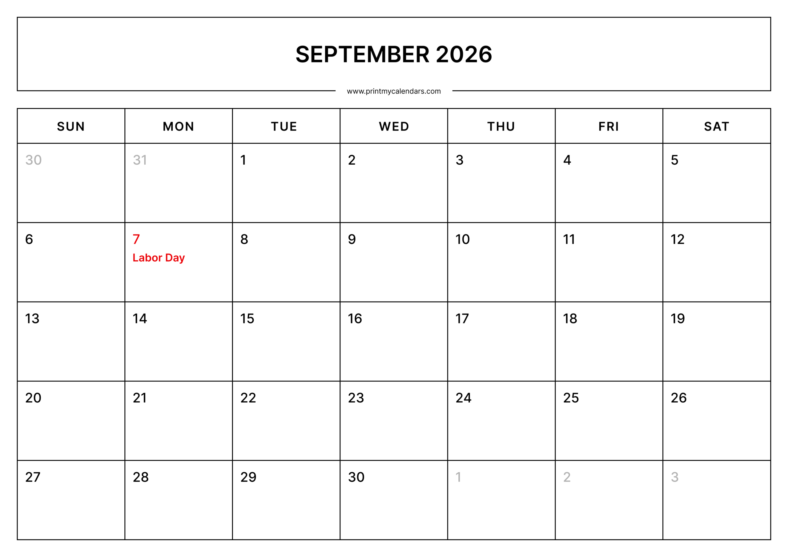 Printable September Calendar 2026 With Us Holidays Landscape – A4