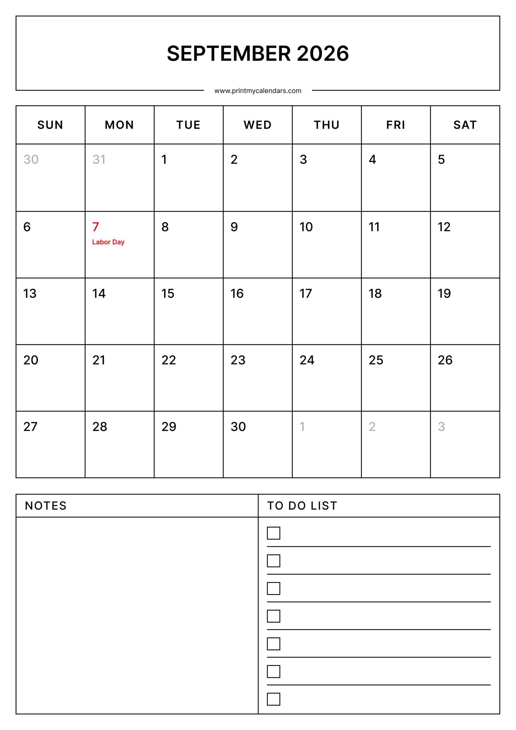 Printable September Calendar 2026 With Us Holidays Portrait - A4
