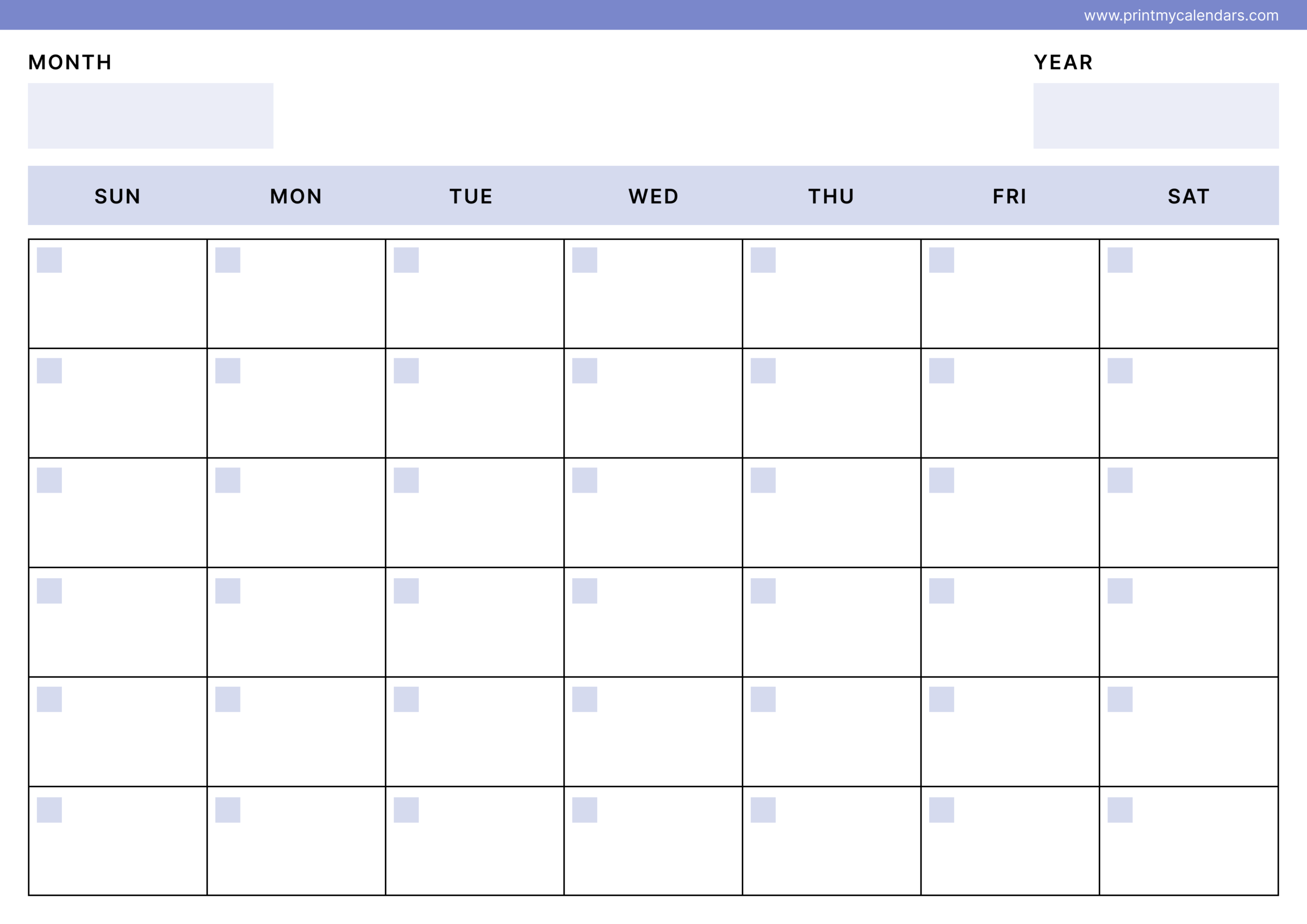 Printable Simple Purple Blank Calendar 2026 Landscape – A4
