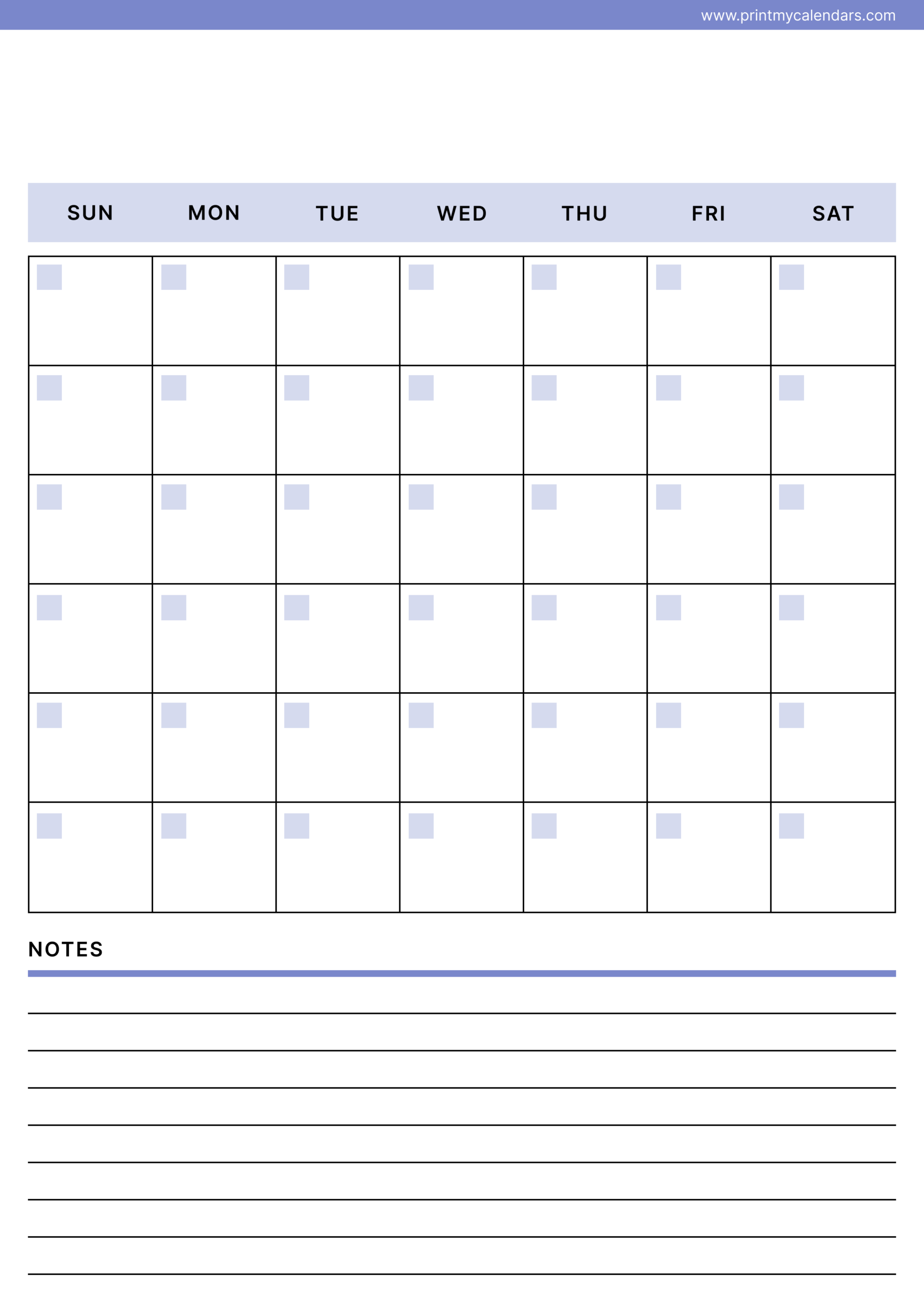 Printable Simple Purple Blank Calendar 2026 Portrait – A4
