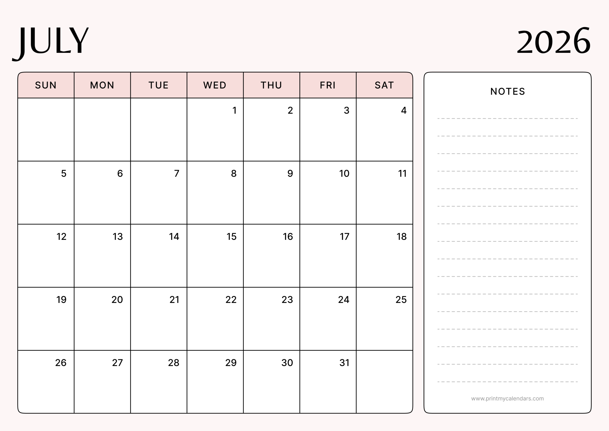 Printable Soft Blush July Calendar 2026 Landscape