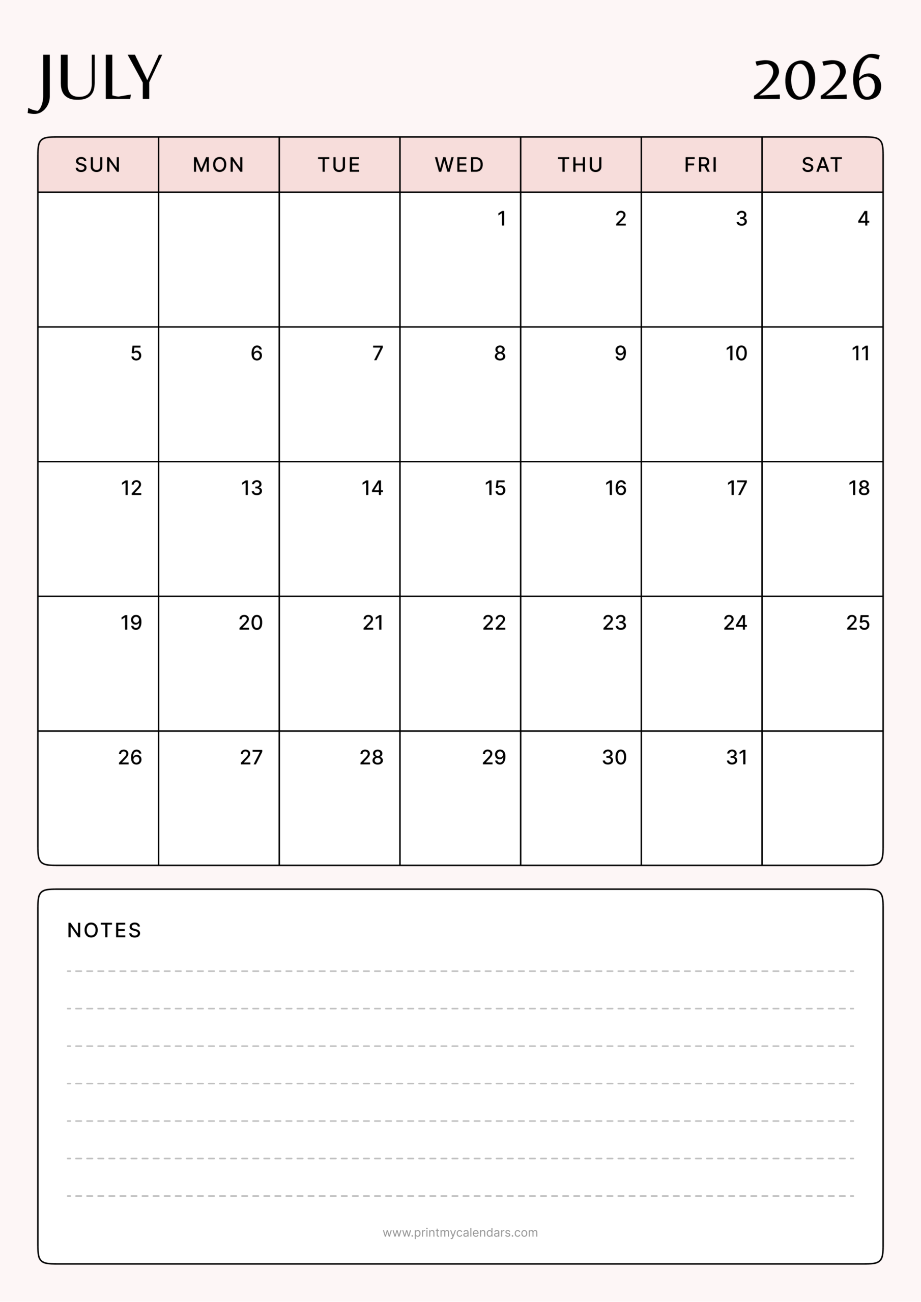 Printable Soft Blush July Calendar 2026 Portrait