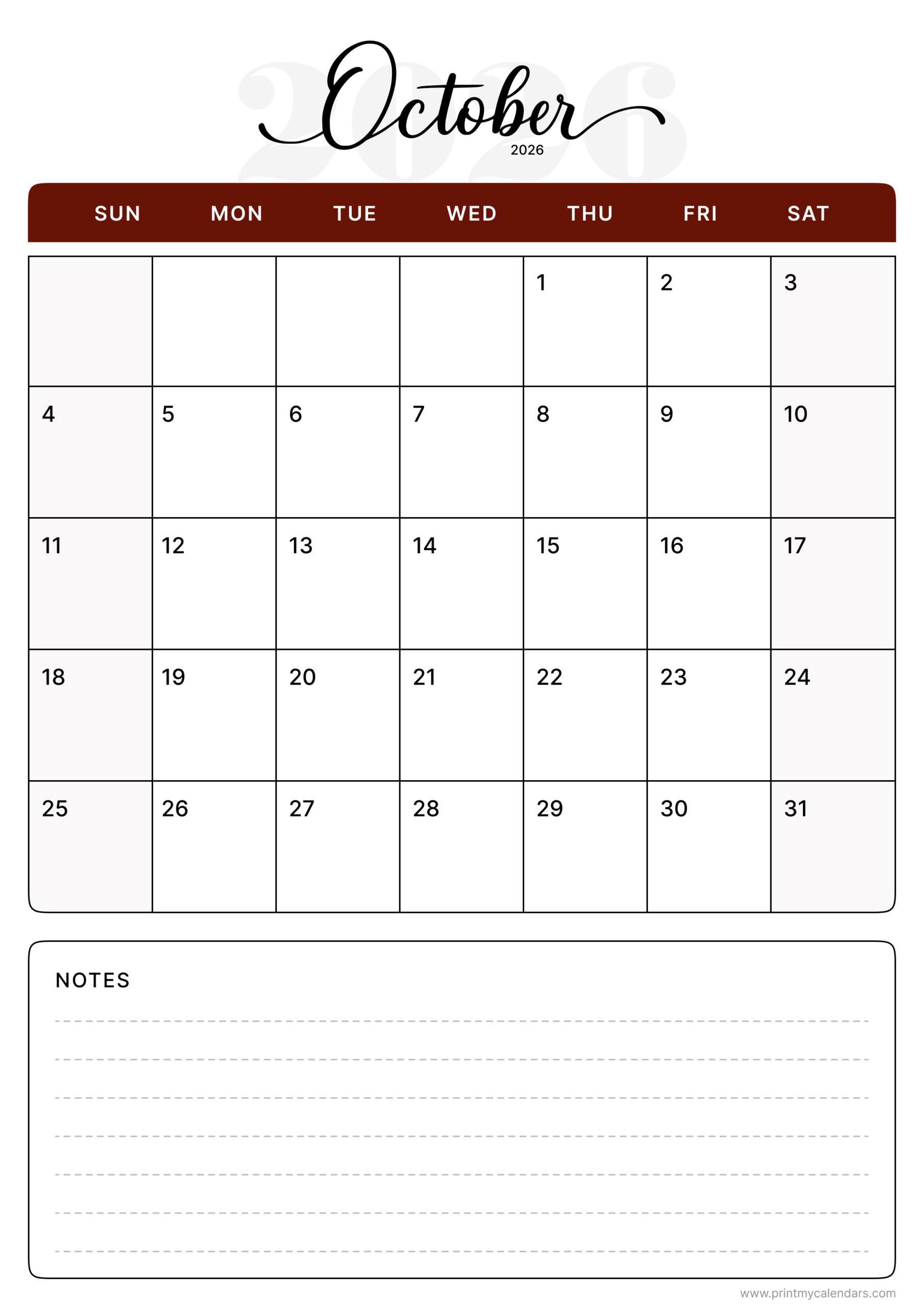 Printable The Crimson Script Classic Calendar October 2026 Portrait - A4