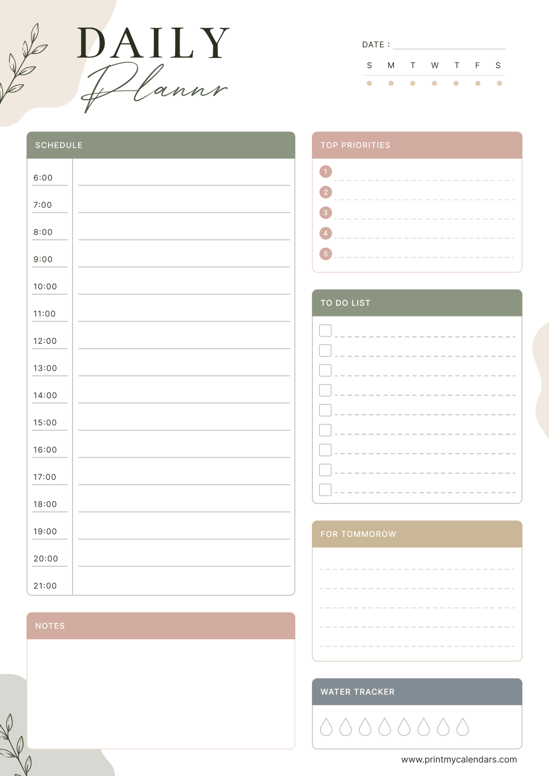 Printable The Earthy Floral Daily Planner Schedule