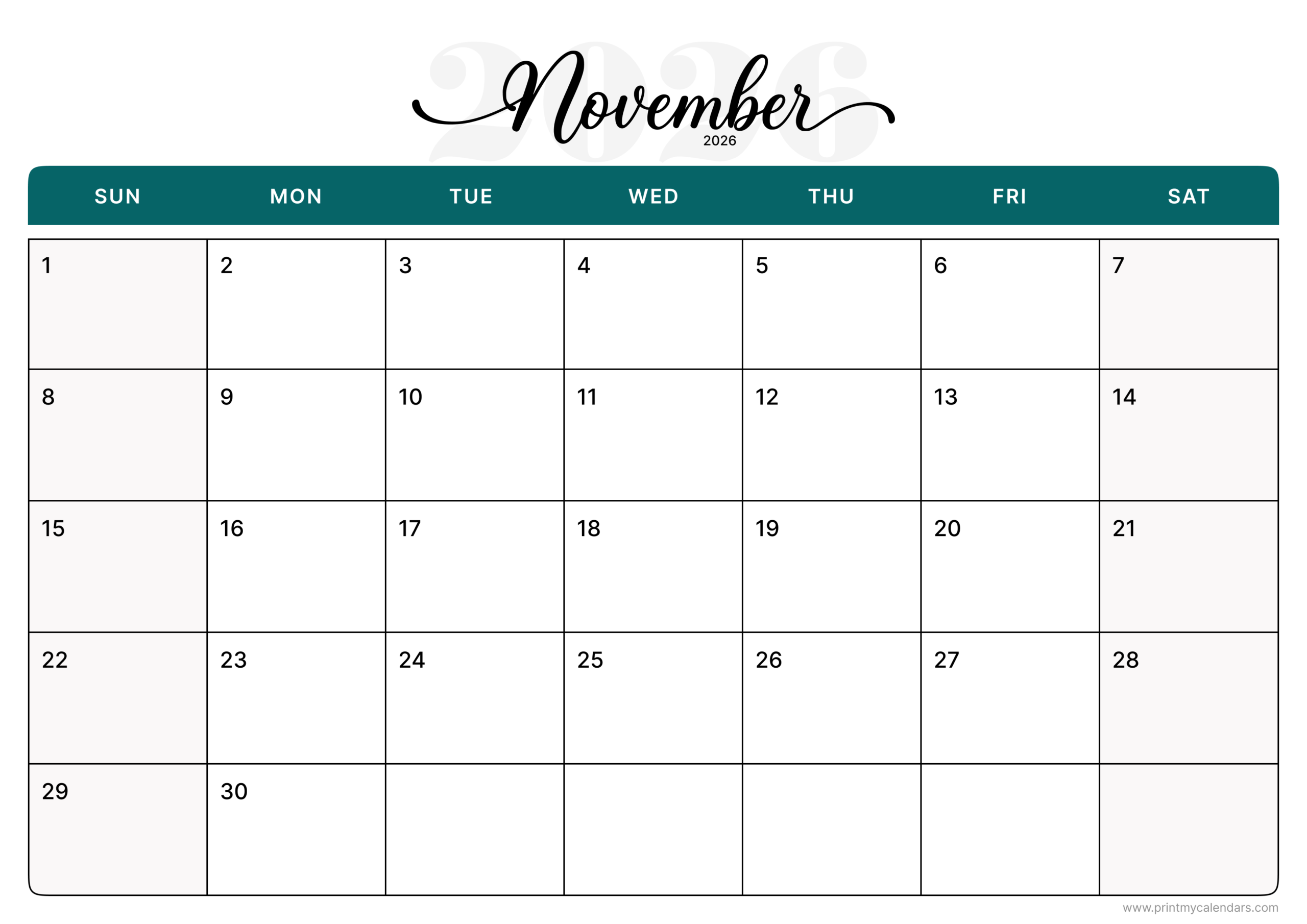 Printable The Emerald Elegance Script Design November 2026 Calendar Landscape - A4