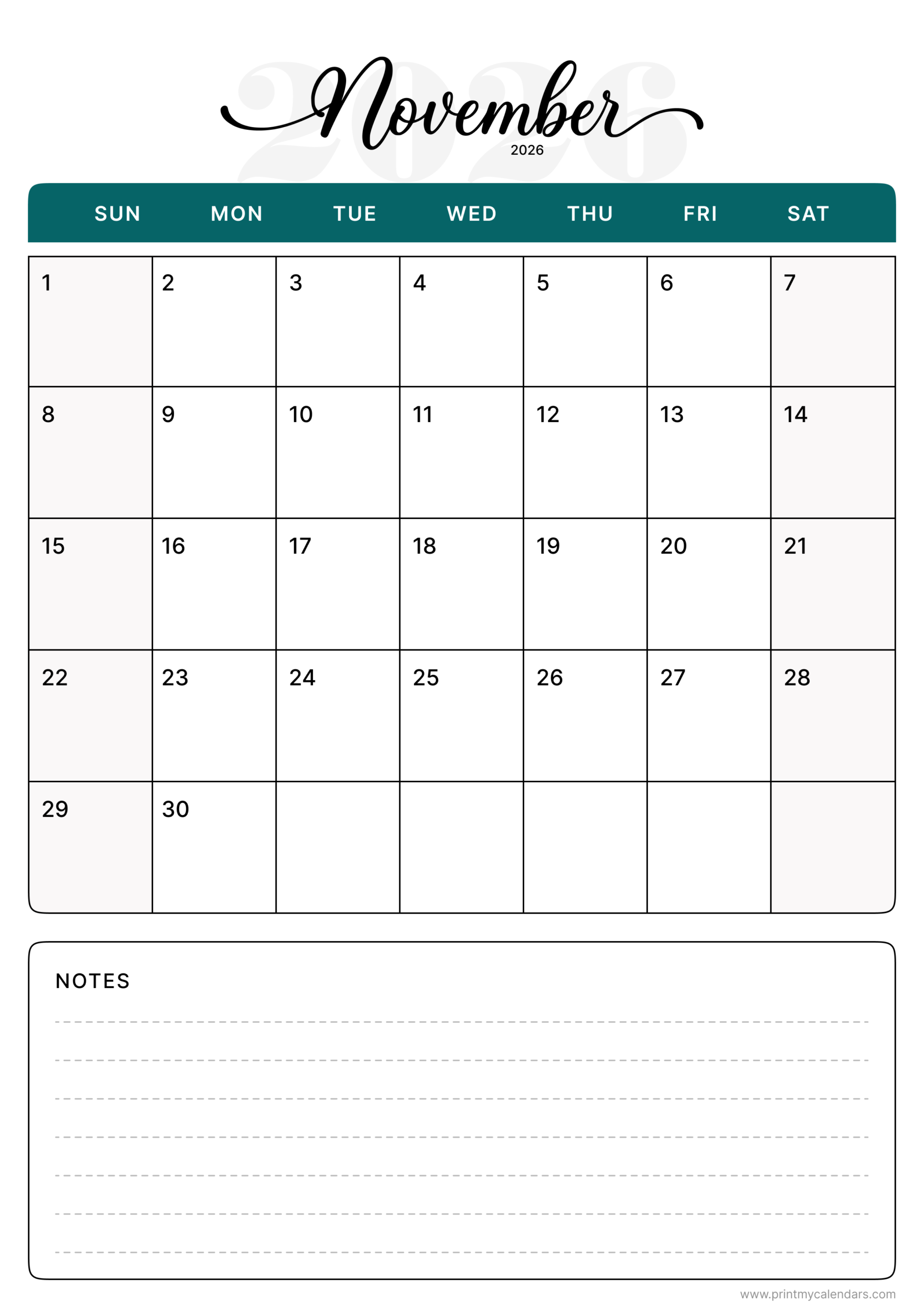 Printable The Emerald Elegance Script Design November 2026 Calendar Portrait - A4