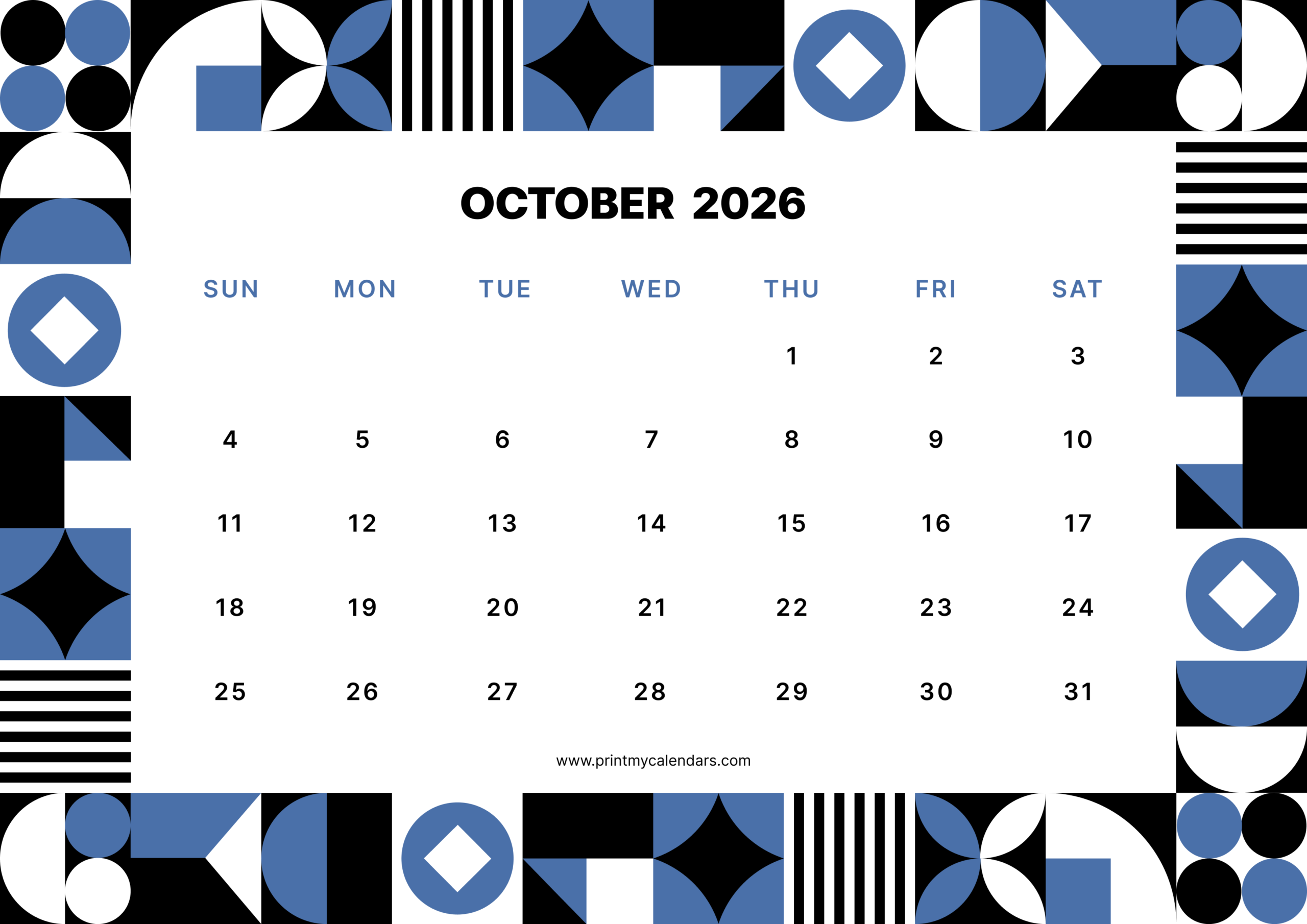 Printable The Geo-Mod Mosaic Calendar Design October 2026 Landscape - A4
