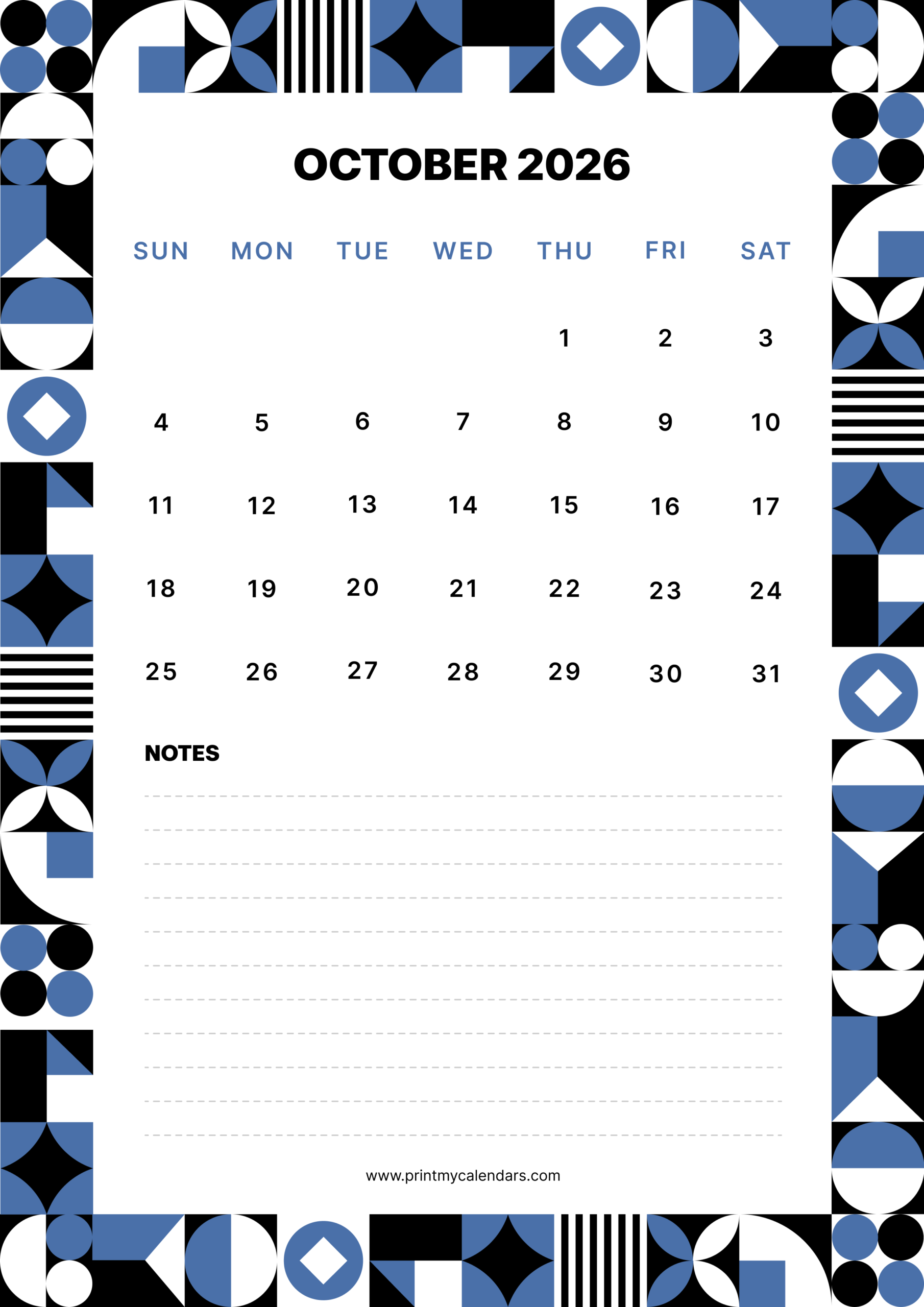 Printable The Geo-Mod Mosaic Calendar October 2026 Portrait - A4