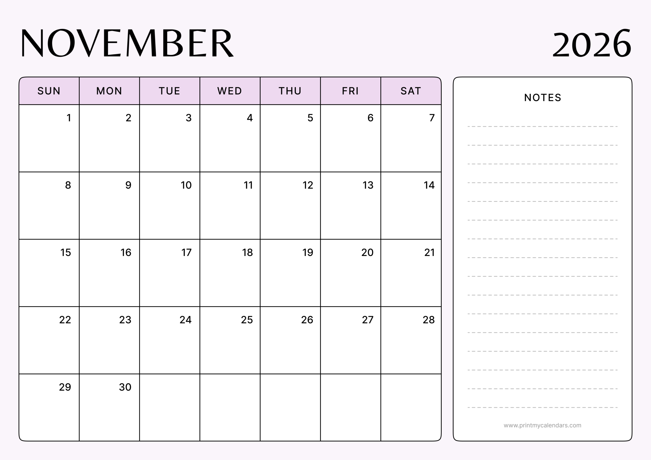Printable The Minimalist Lilac Planner November 2026 Landscape - A4