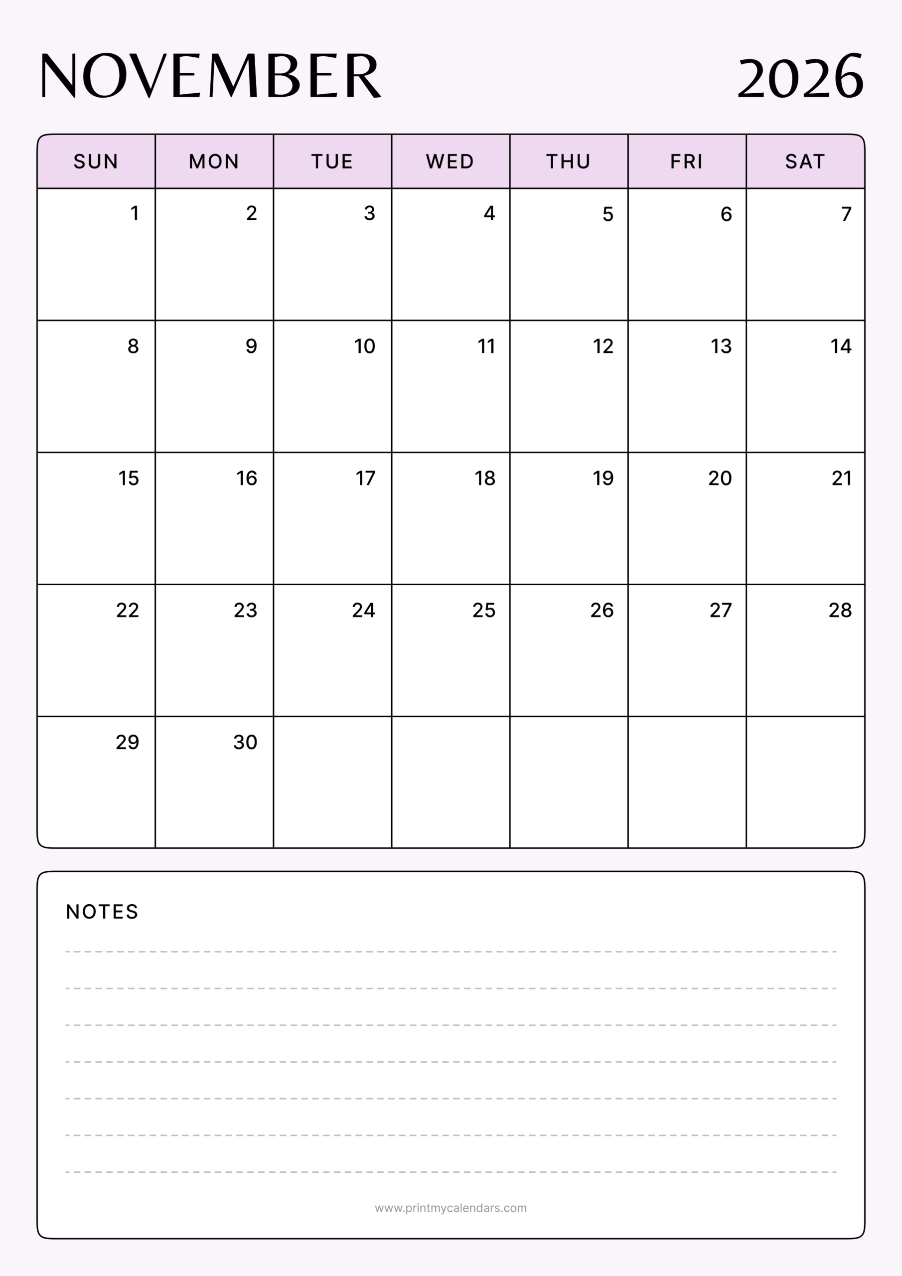 Printable The Minimalist Lilac Planner November Calendar 2026 Portrait - A4
