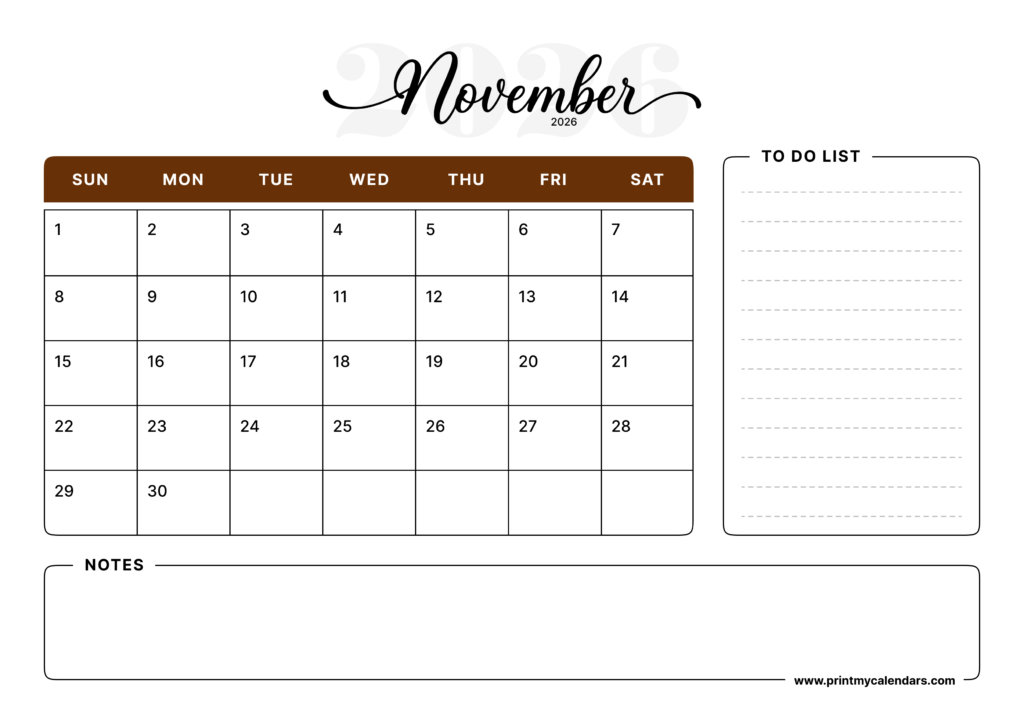 Printable The Mocha Script Taskmaster November Calendar 2026 Landscape - A4