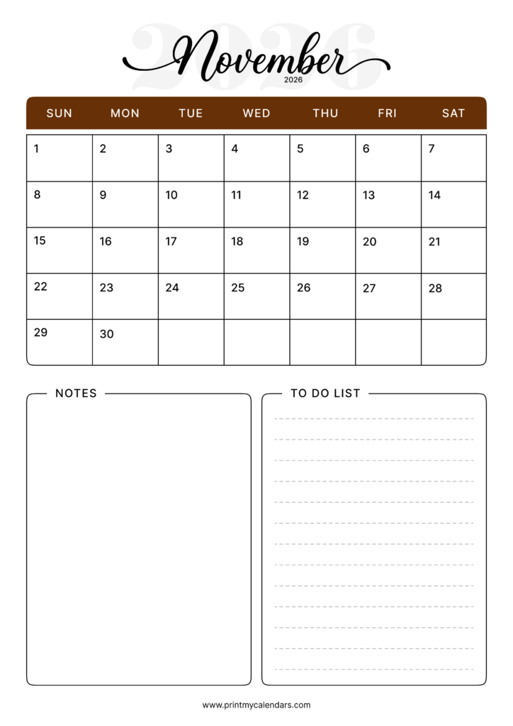 Printable The Mocha Script Taskmaster November Calendar 2026 Portrait - A4