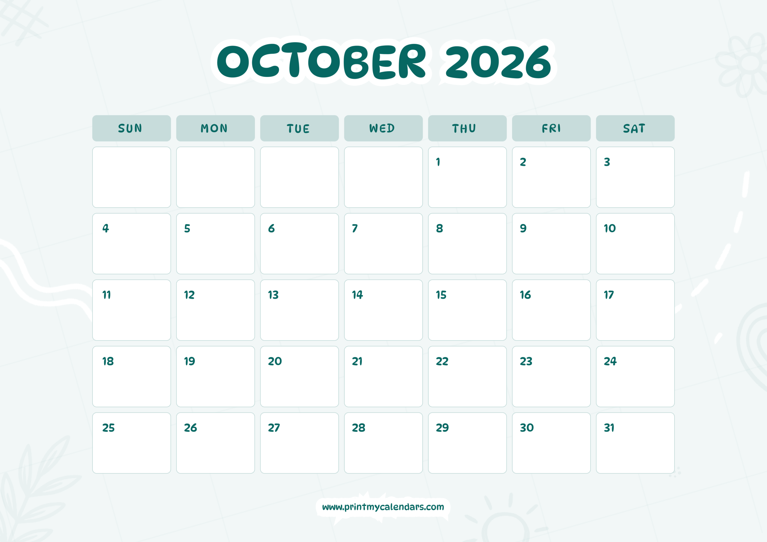 Printable The Whimsical Sage Tracker Calendar October 2026 Landscape - A4