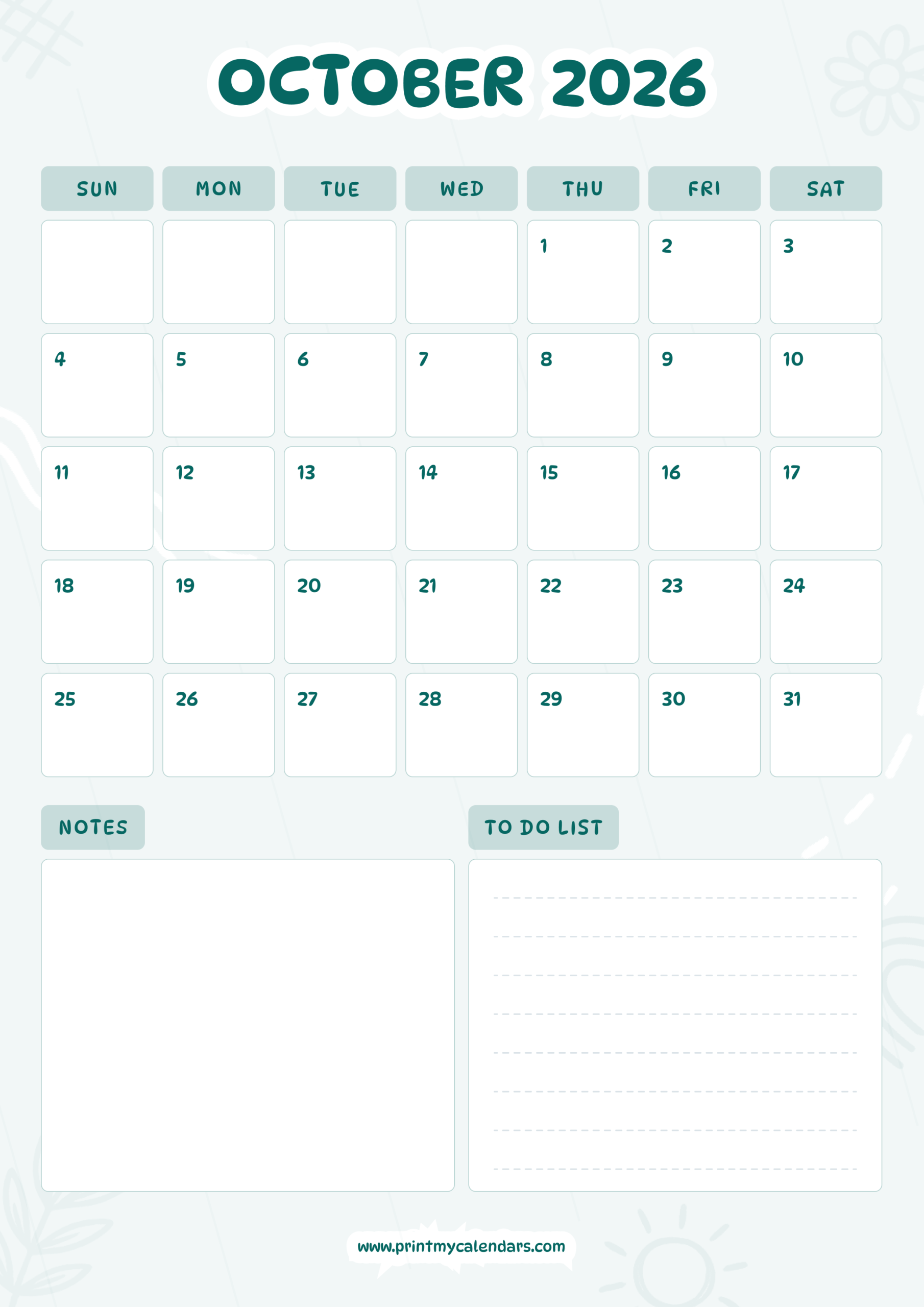 Printable The Whimsical Sage Tracker Calendar October 2026 Portrait - A4