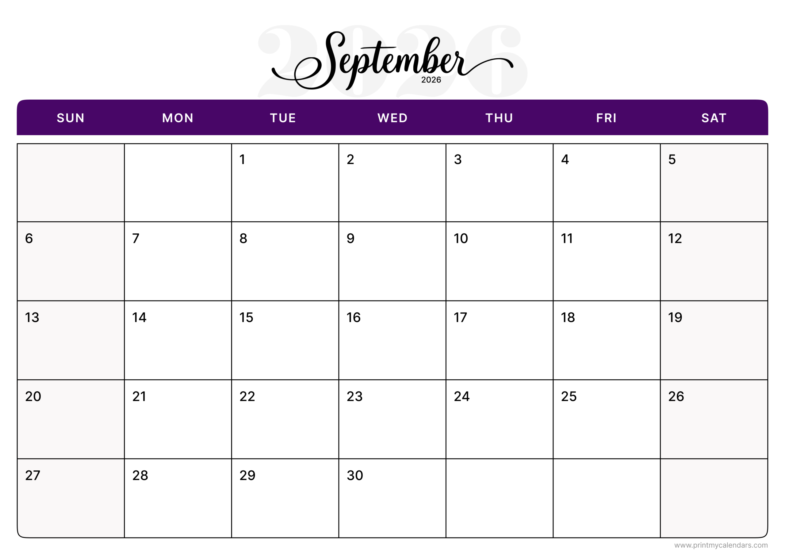 Purple Cursive Banner September 2026 Calendar Landscape